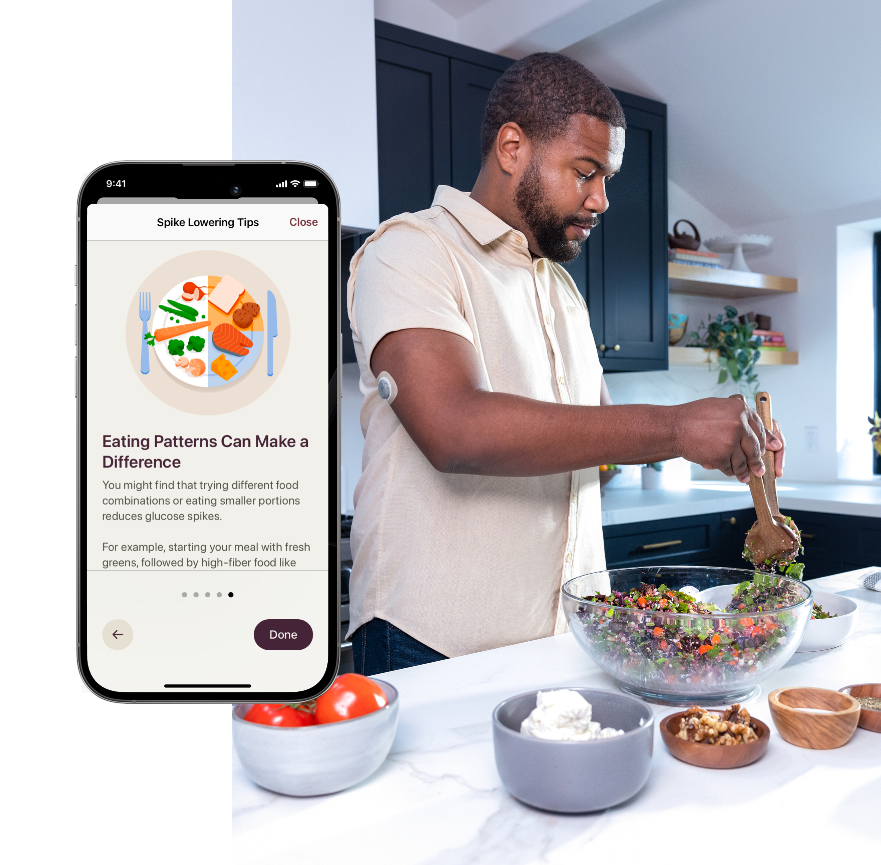 man wearing stelo biosensor and making a salad