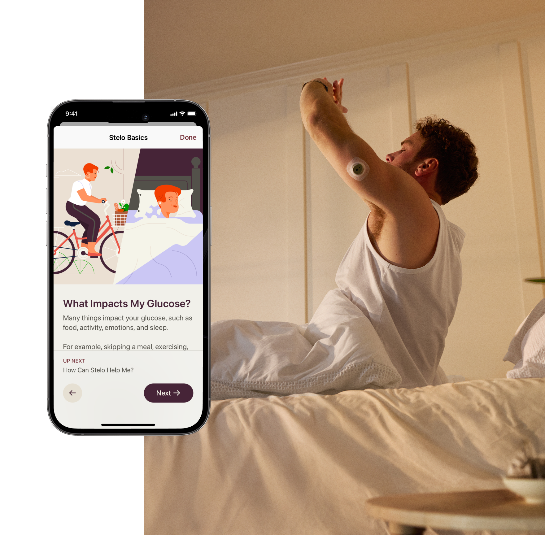 man stretching in bed wearing stelo biosensor