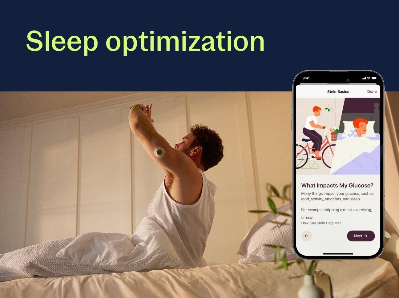 man stretching in bed wearing stelo biosensor