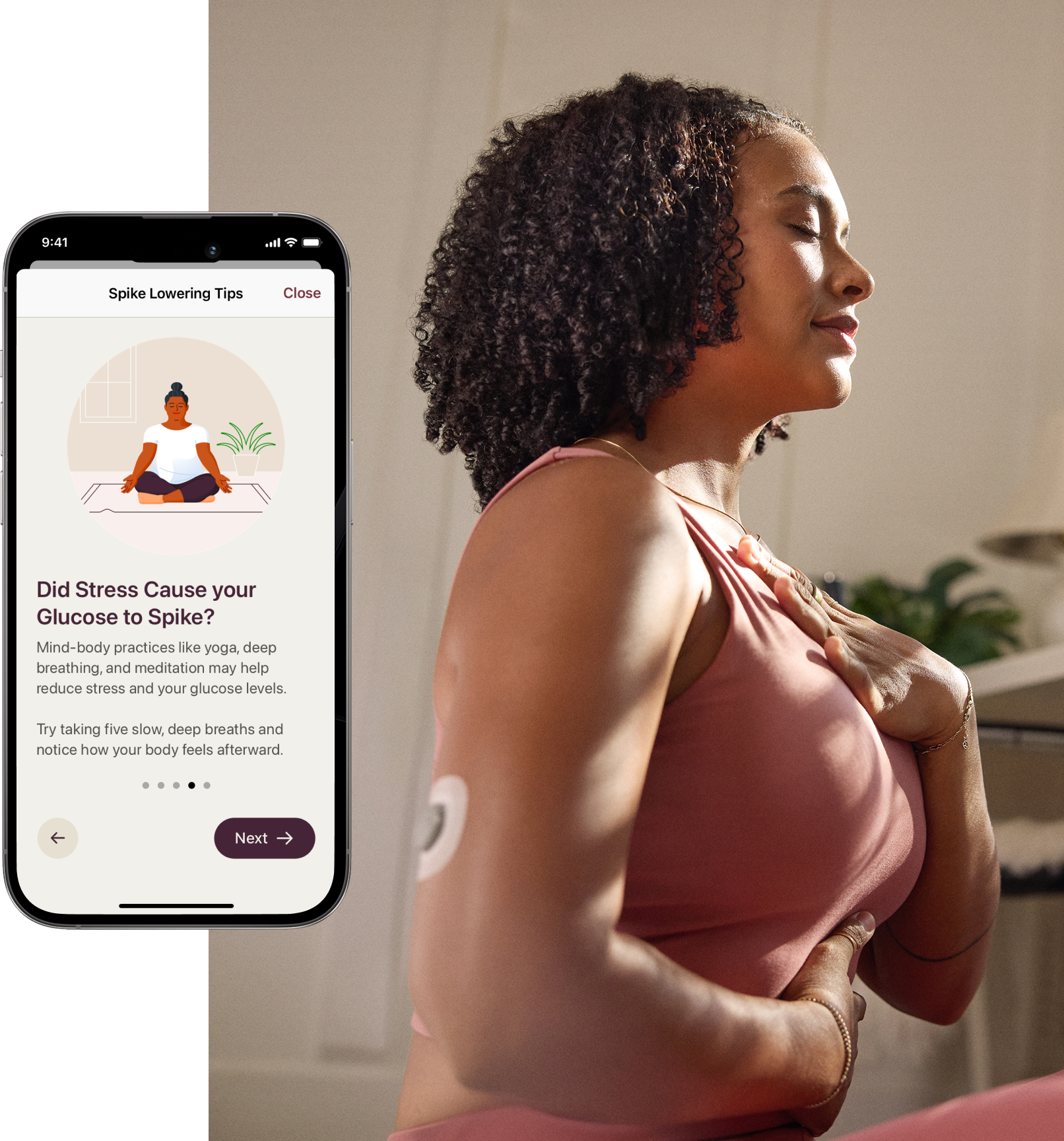 woman wearing stelo biosensor wearable while meditating