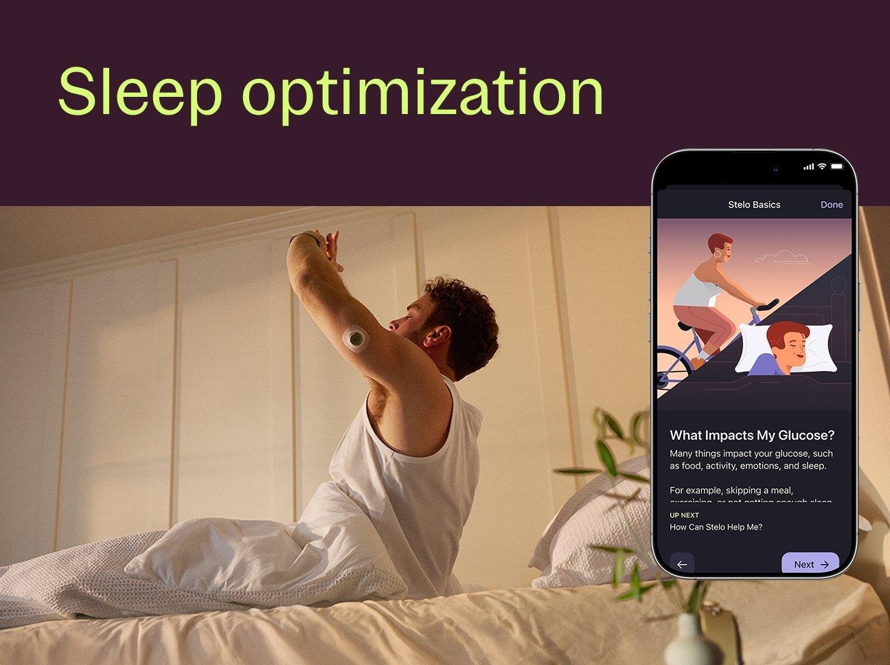 man stretching in bed wearing stelo biosensor