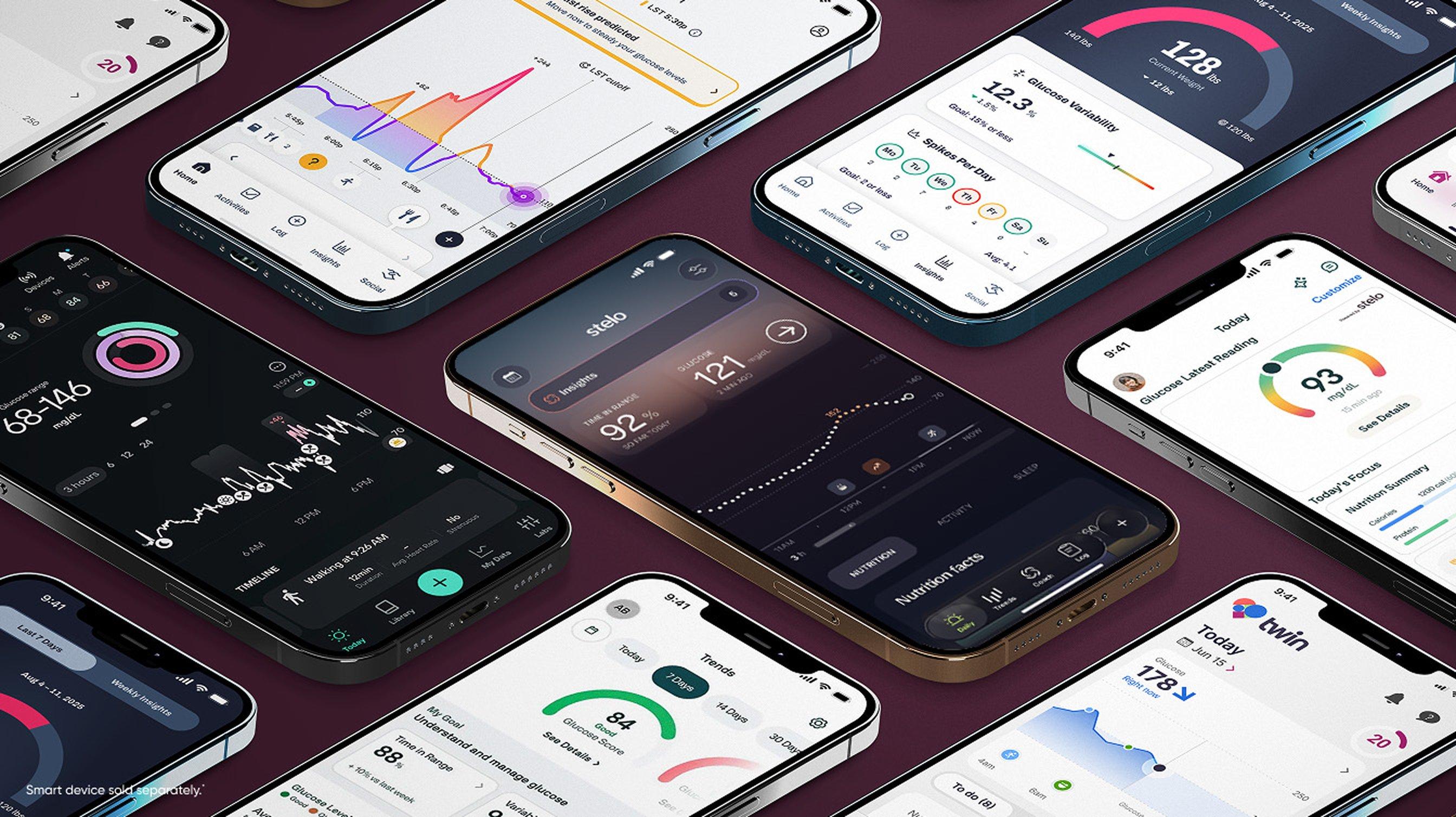 An array of phones with different health apps open