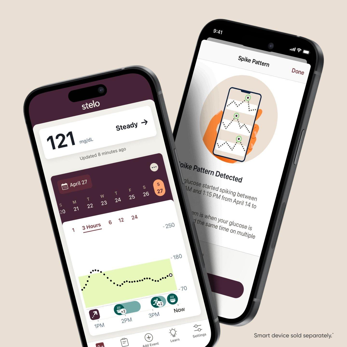 Stelo app on smartphone showing steady glucose levels and spike pattern detection