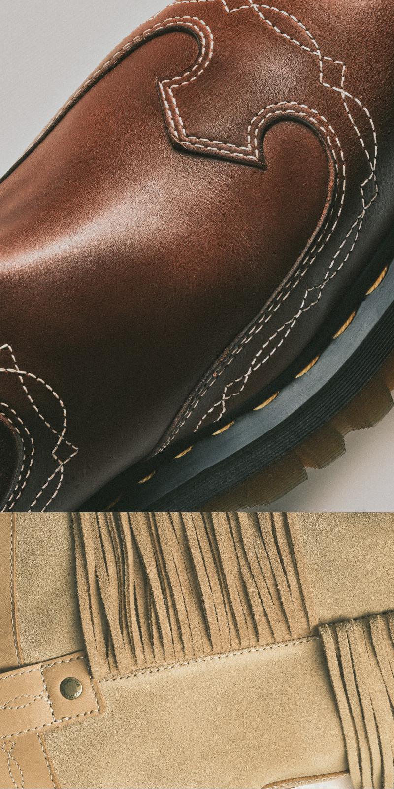 Close-up of brown leather shoe with white contrast stitching and black welt
