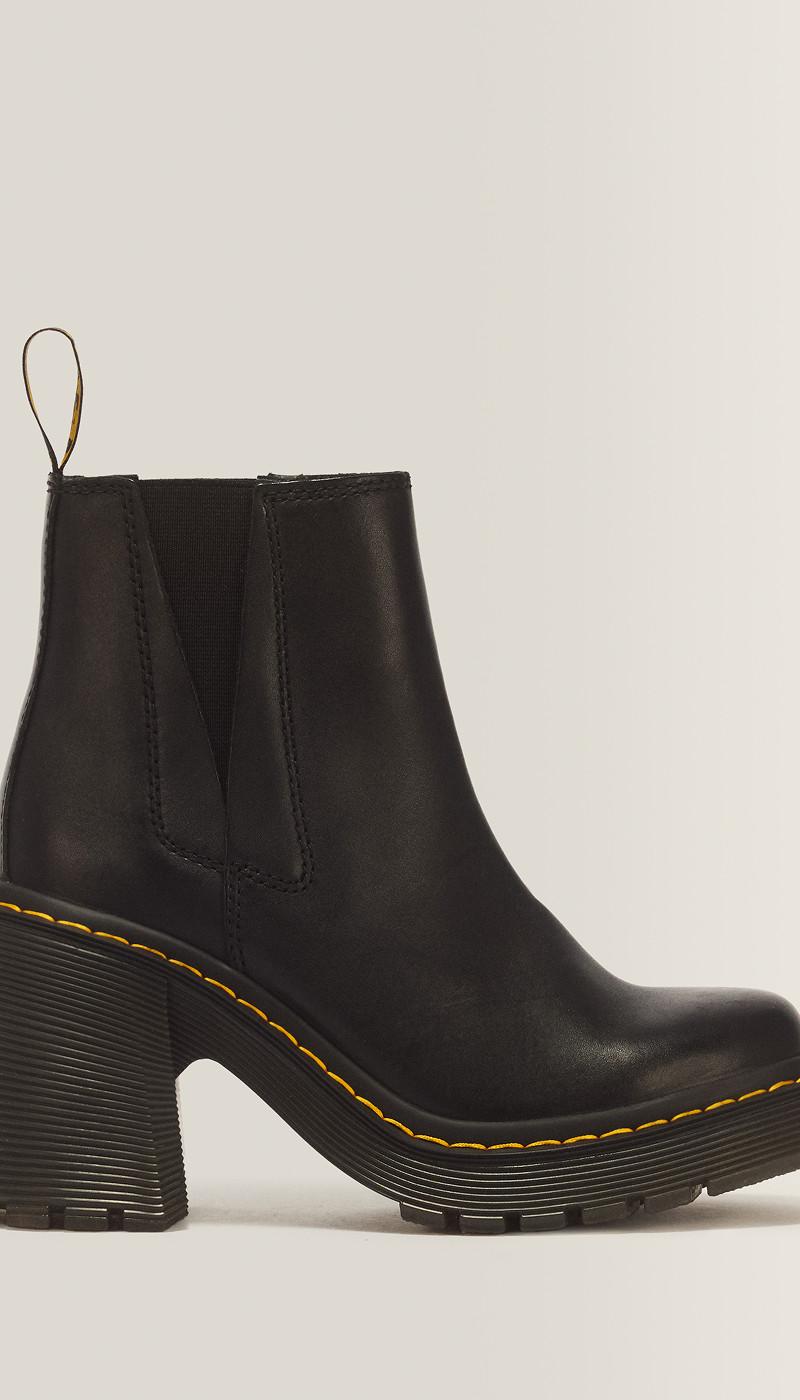 Chelsea boot in pelle nera con tacco a blocco, inserto elastico e cucitura gialla