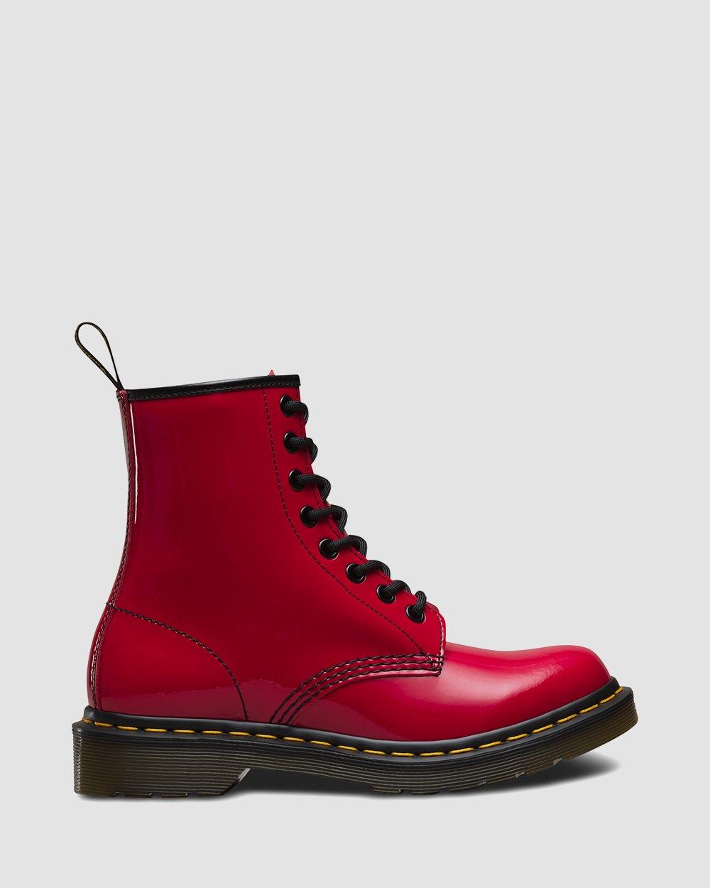 1460 Women's Patent Leather Lace Up Boots in Red