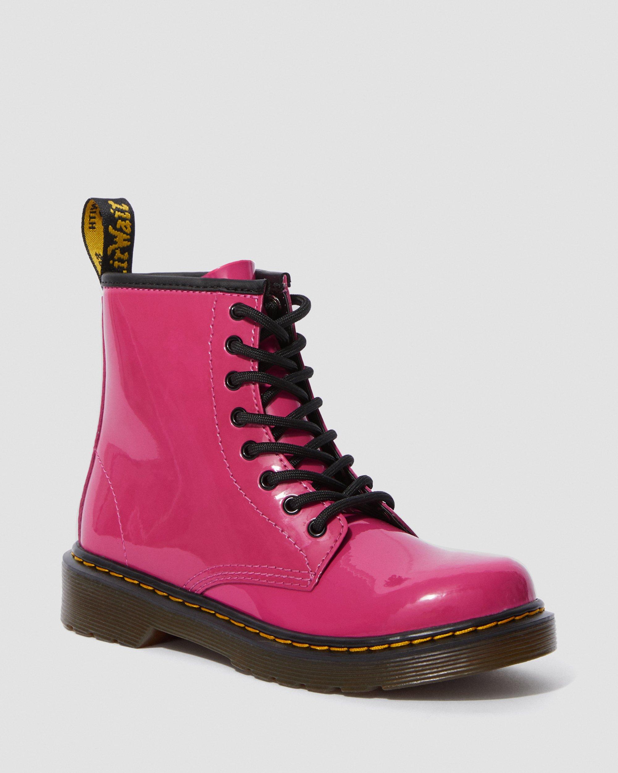 Dr. Martens Junior 1460 Rainbow Patent Leather Lace Up Boots in Black