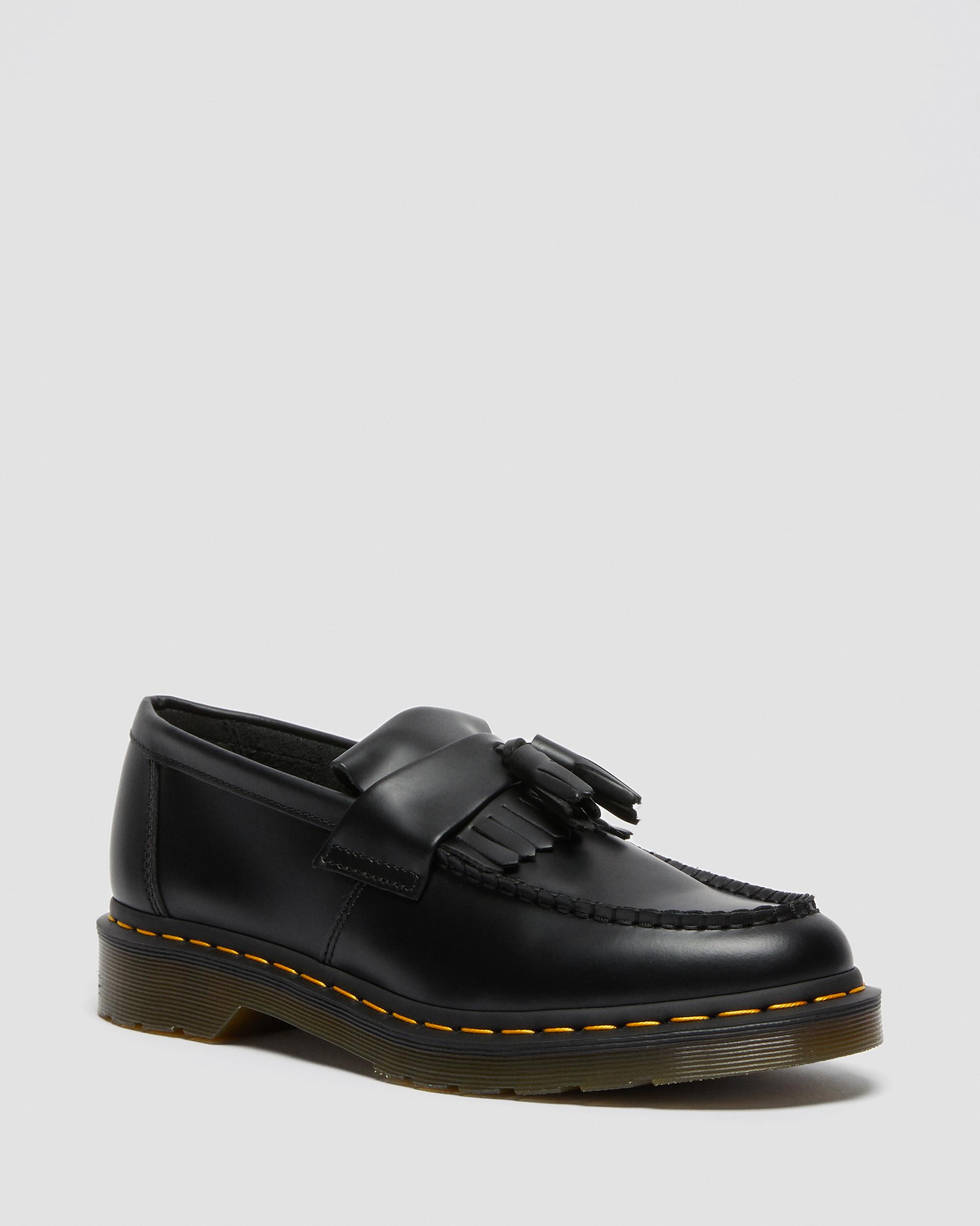 Adrian Yellow Stitch Smooth Leather Tassel Loafers in Black