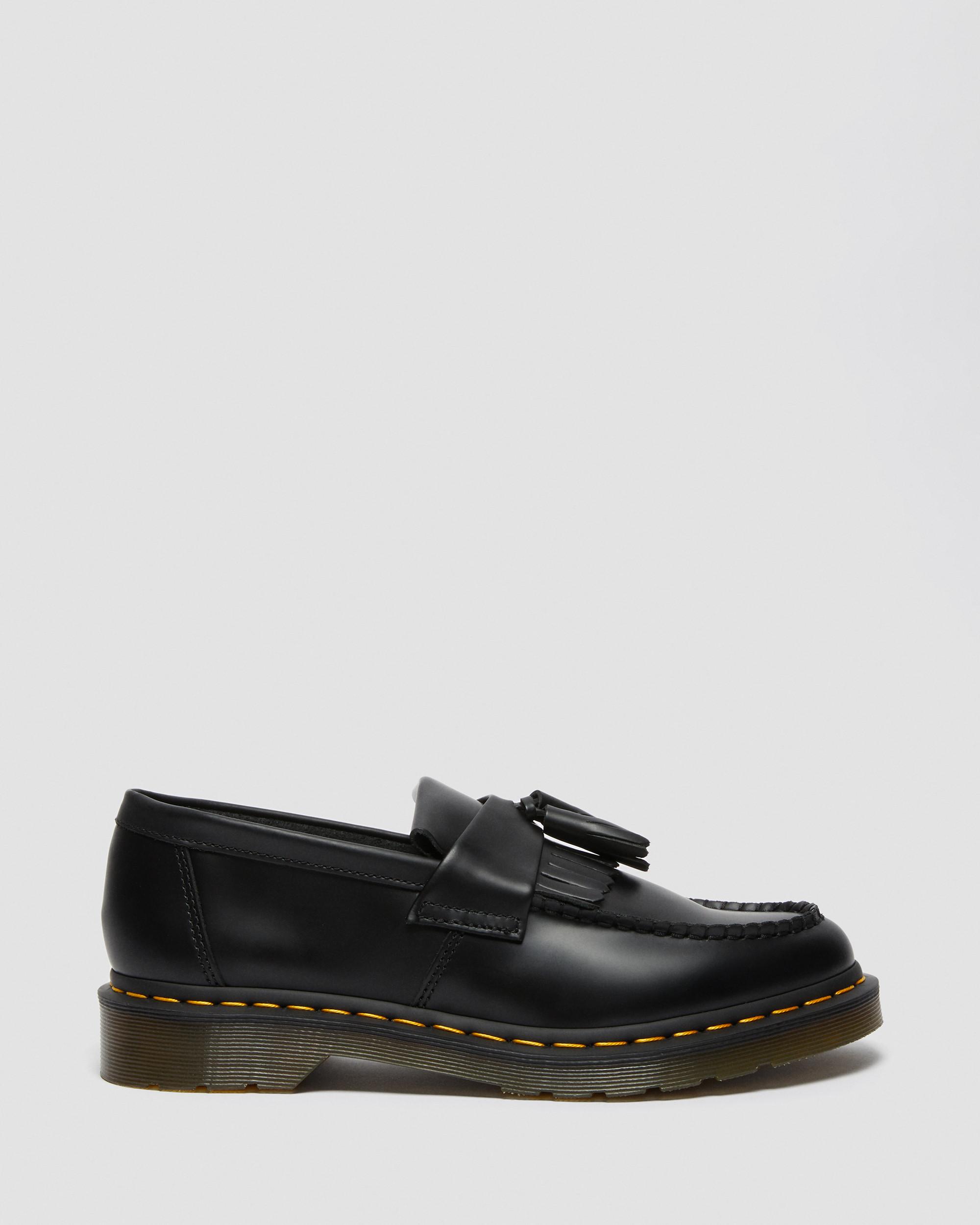 Adrian Yellow Stitch Leather Tassel Loafers in Black | Dr. Martens
