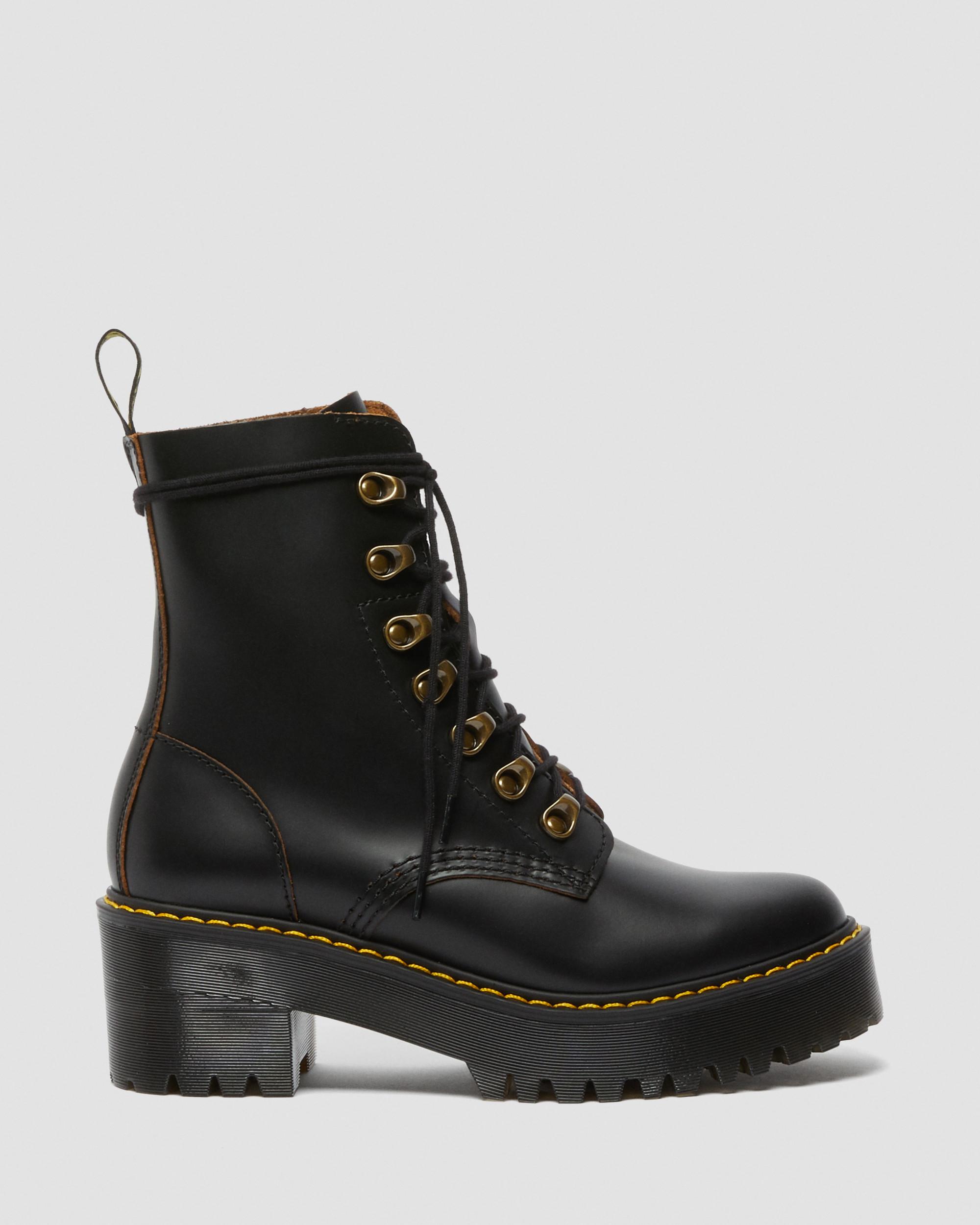 Leona Women's Vintage Smooth Leather Heeled Boots in Black | Dr. Martens