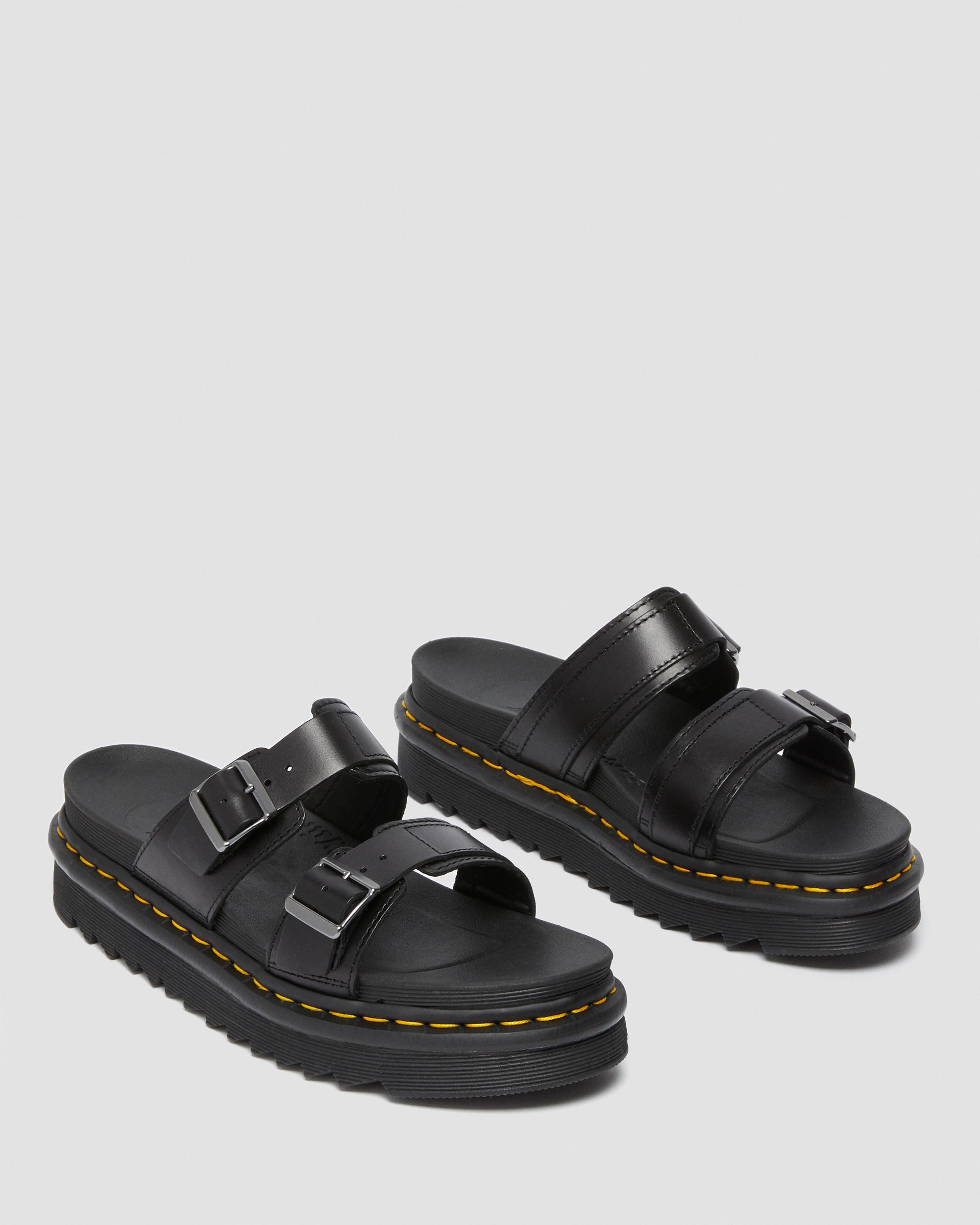Myles Brando Leather Buckle Slide Sandals in Black