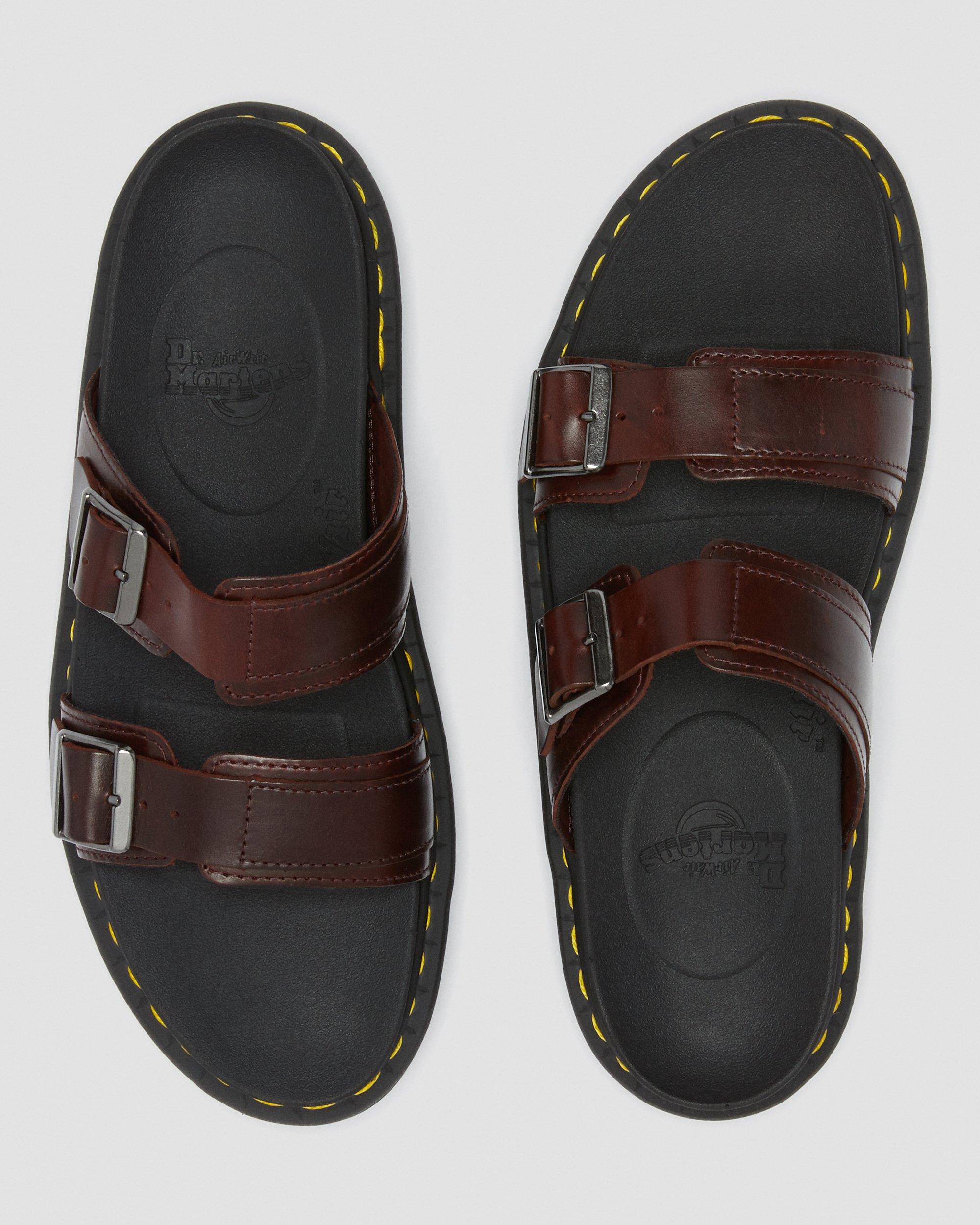 Myles Brando Leather Buckle Slide Sandals in Brown