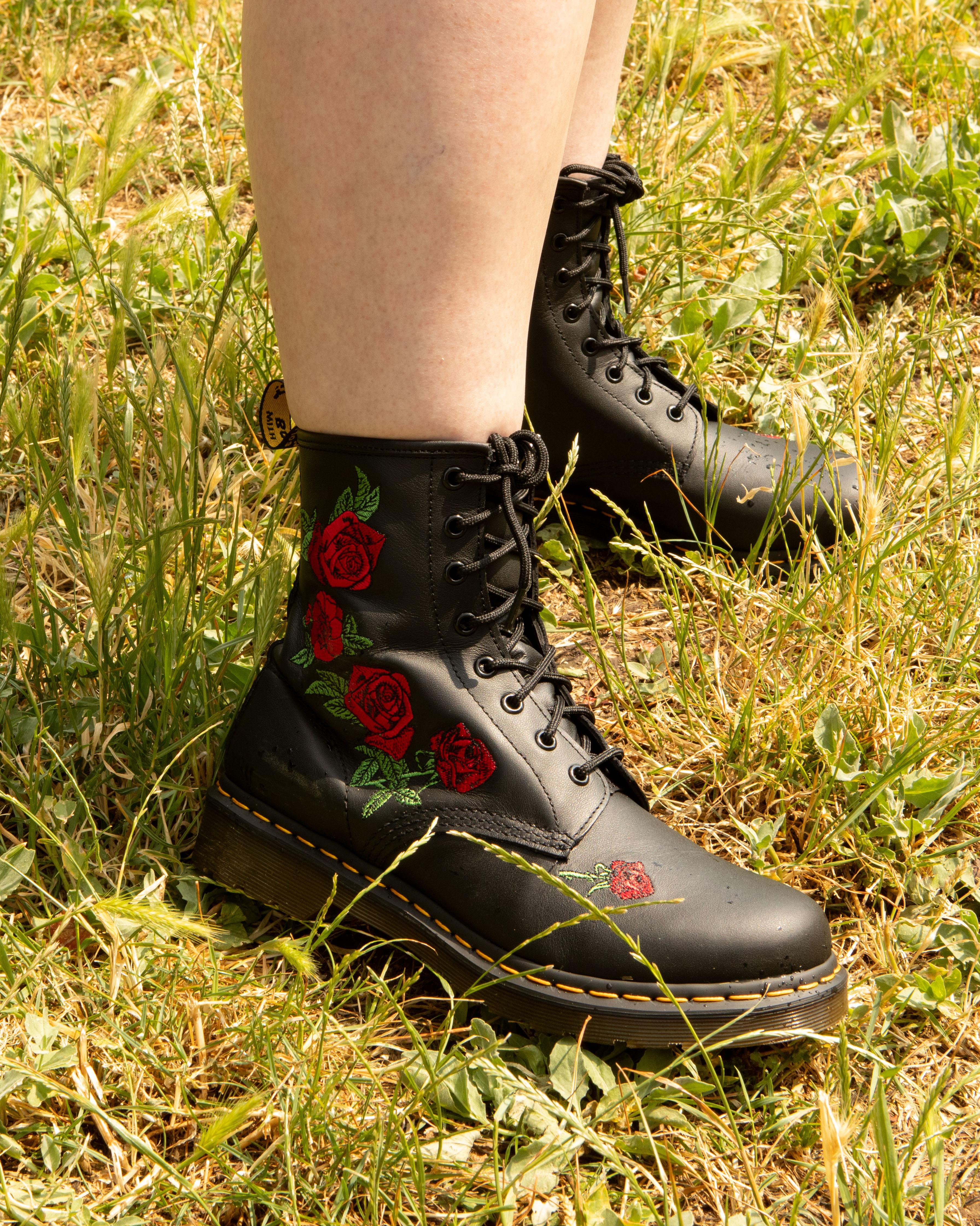 DR MARTENS 1460 Vonda Floral Rose Leather Lace Up Boots