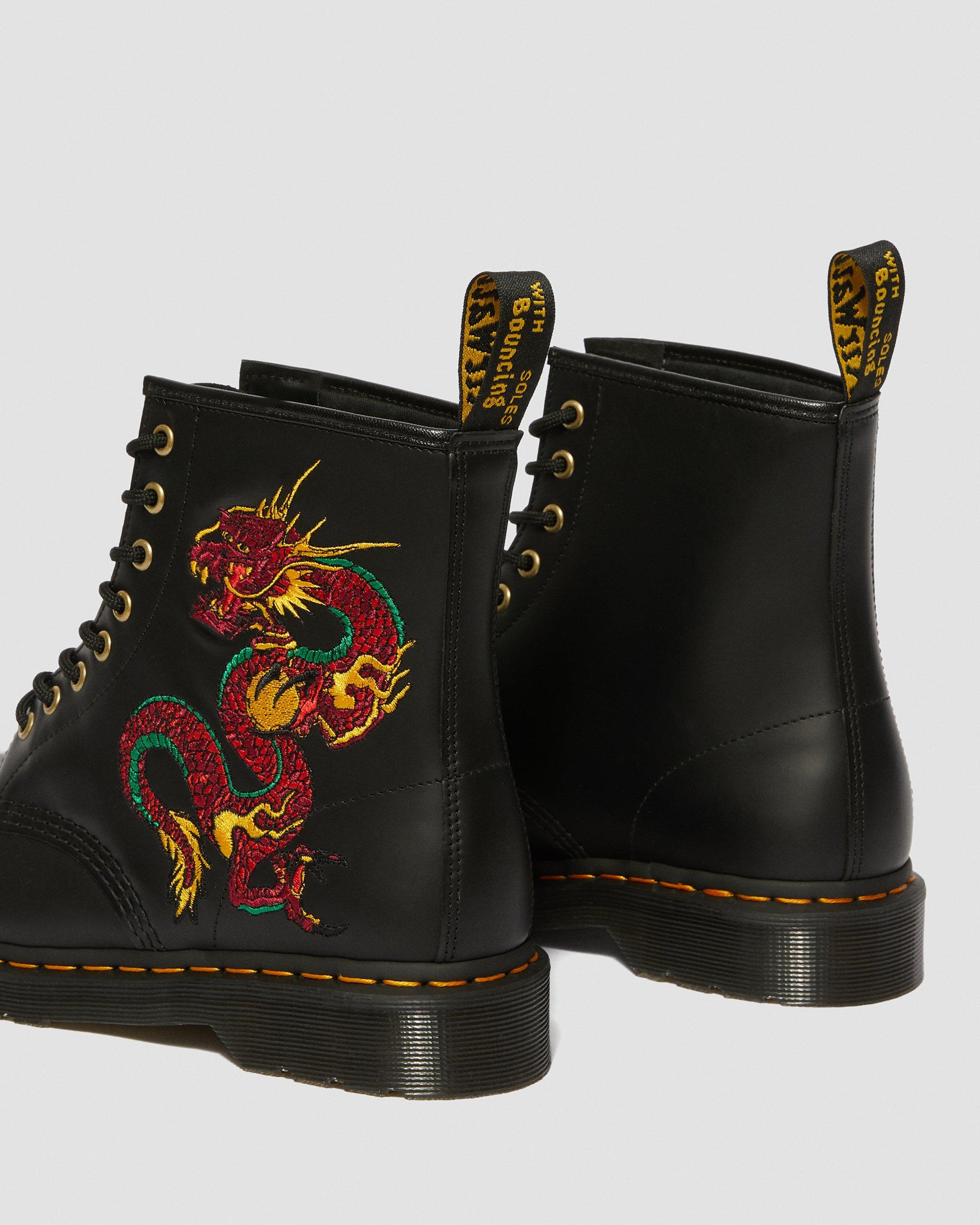 1460 Leather Dragon Embroidered Lace Up Boots in BLACK | Dr. Martens™