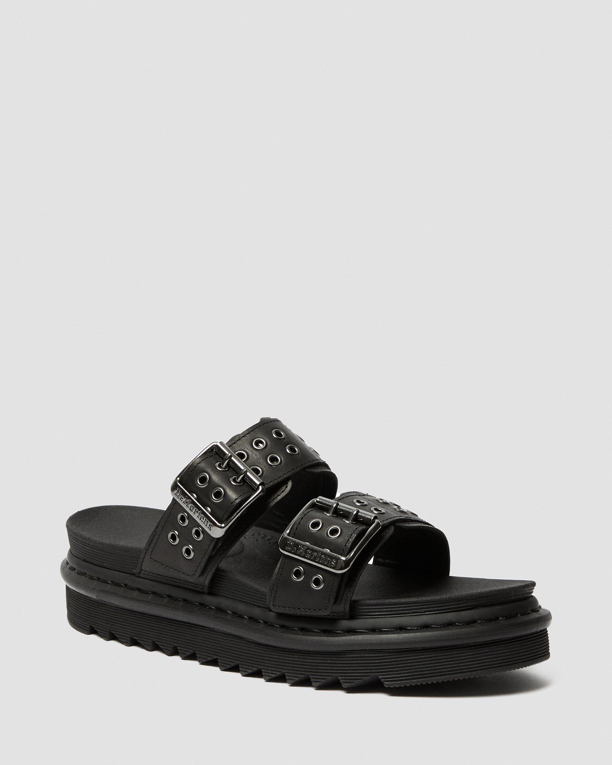 Myles Leather Buckle Slide Sandals in Black | Dr. Martens