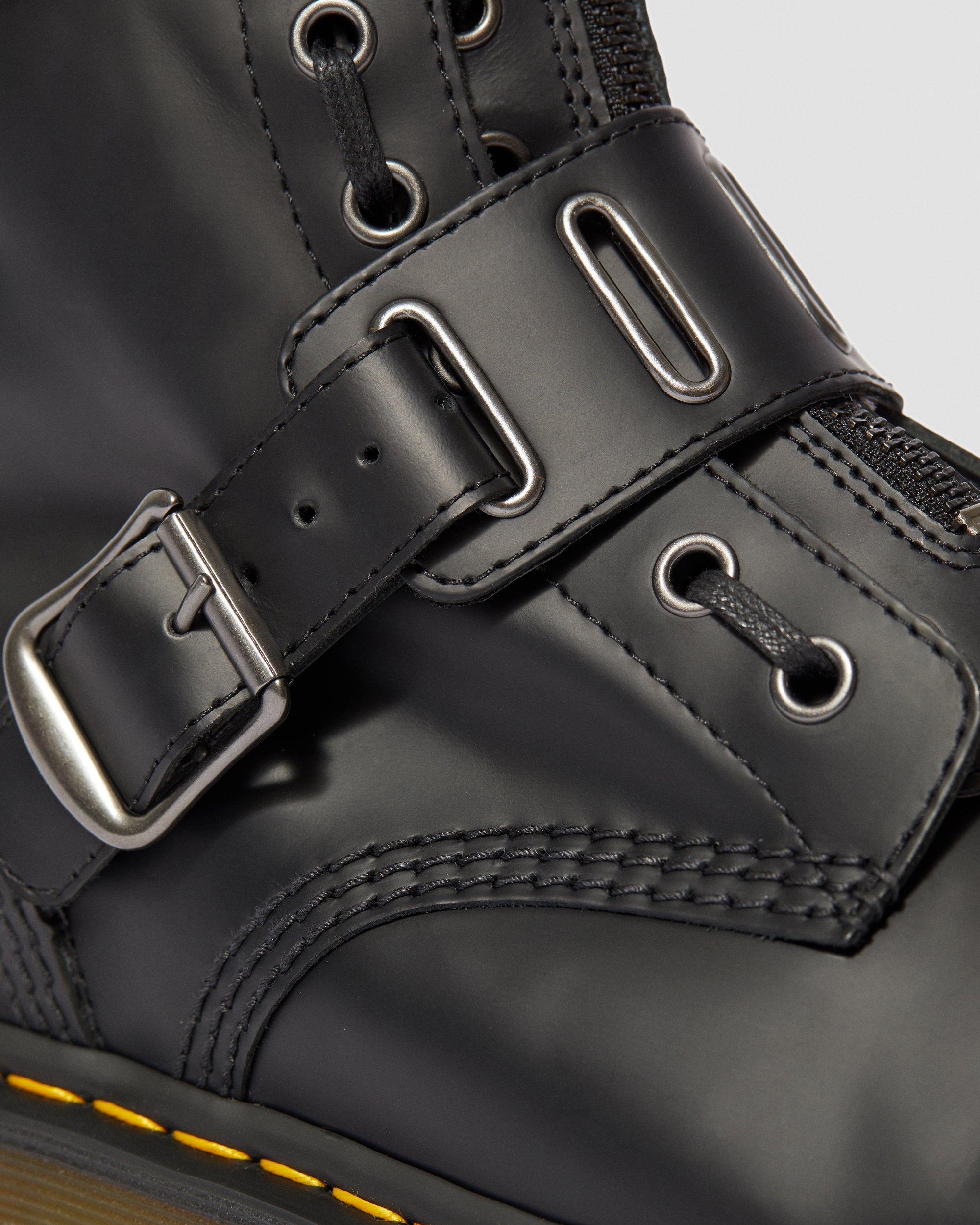 1490 Quynn Smooth Leather Buckle Lace Up Boots in BLACK | Dr. Martens™