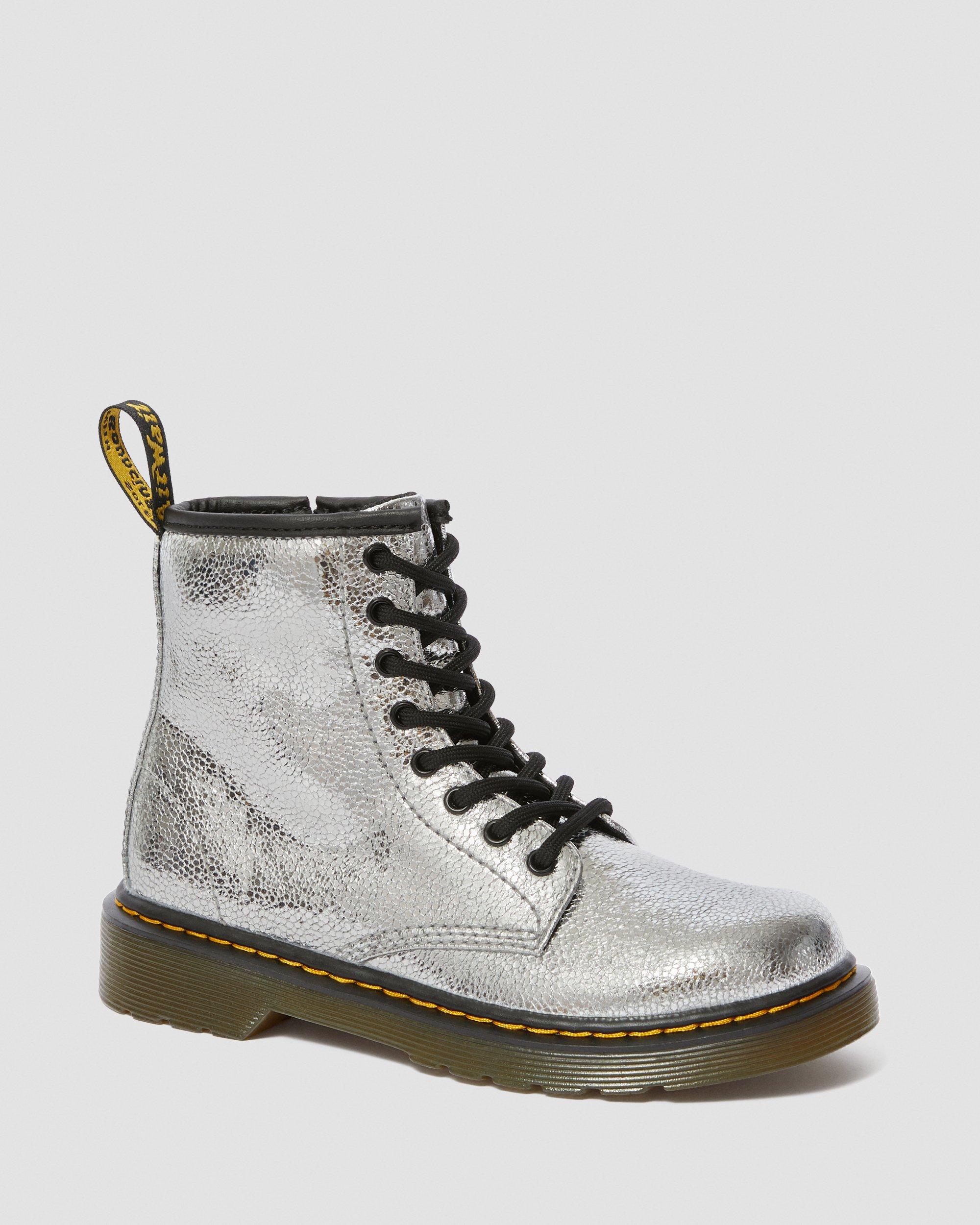 Junior 1460 Crinkle Metallic Lace Up Boots in Grey Metallic
