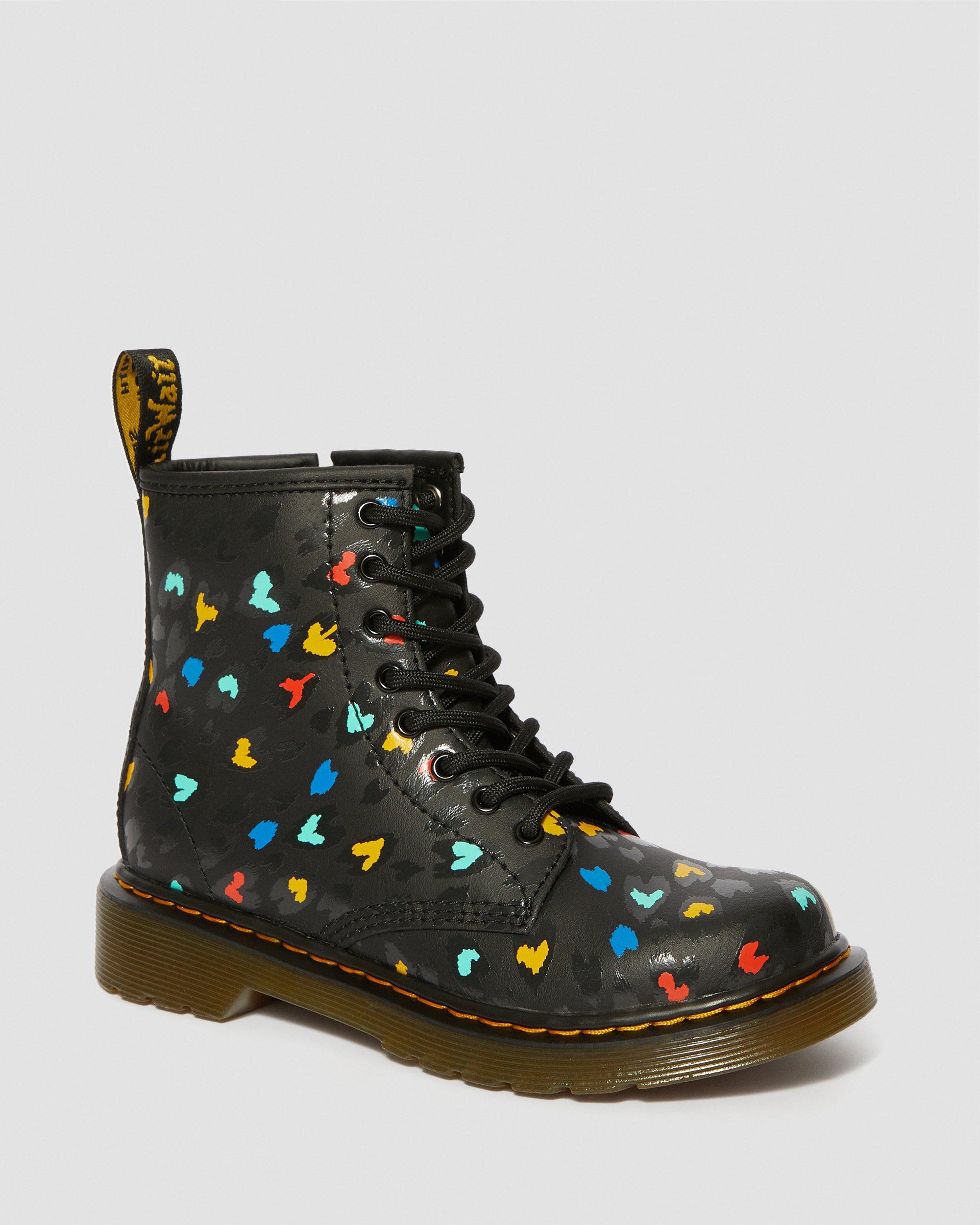 Junior 1460 Leather Heart Printed Lace Up Boots in BLACK+MULTI