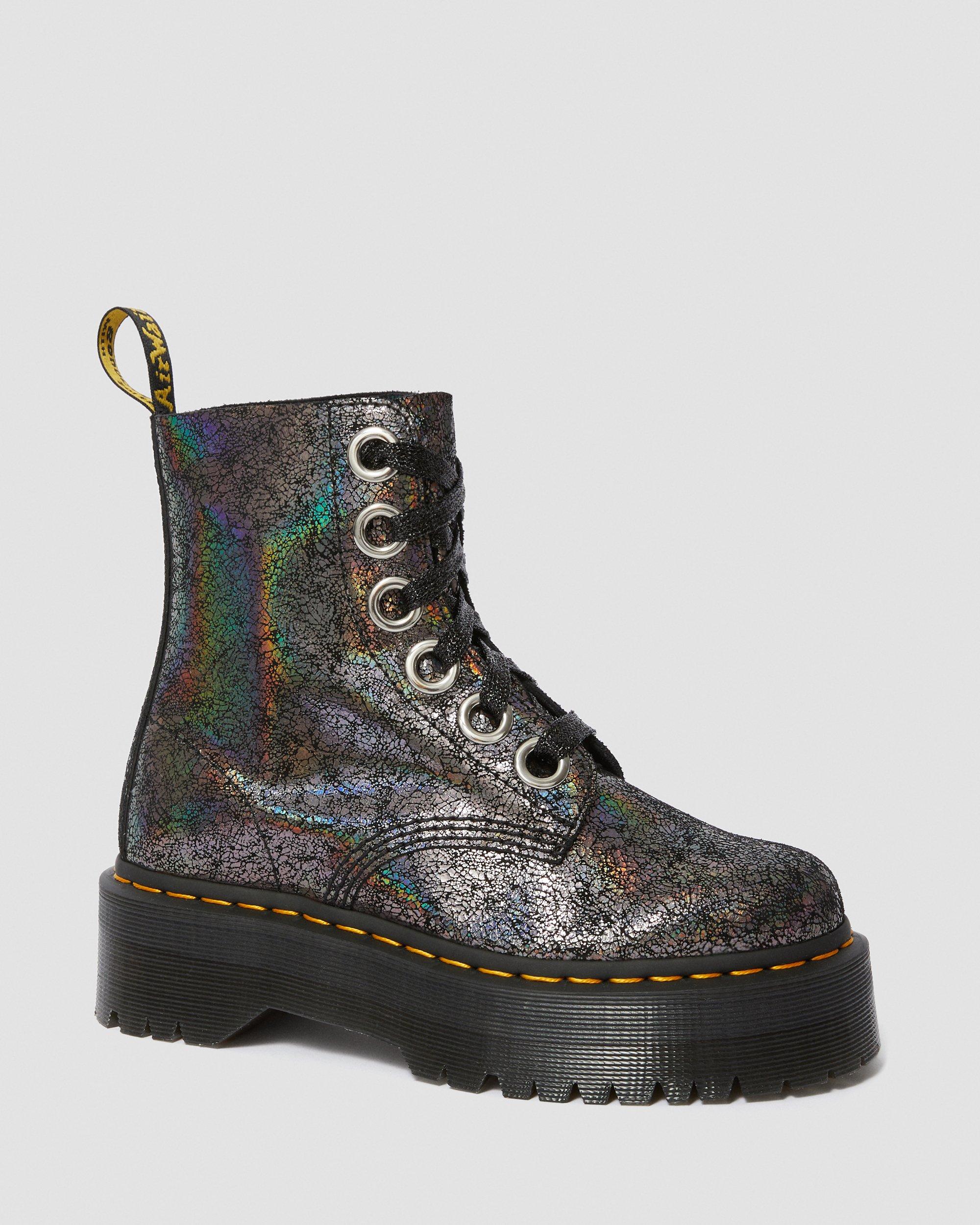 美品 Dr.Martens MOLLY ガンメタ オーロラ 24cm 6ホール Molly Metallic Leather Platform Boots in GUNMETAL | Dr. Martens™