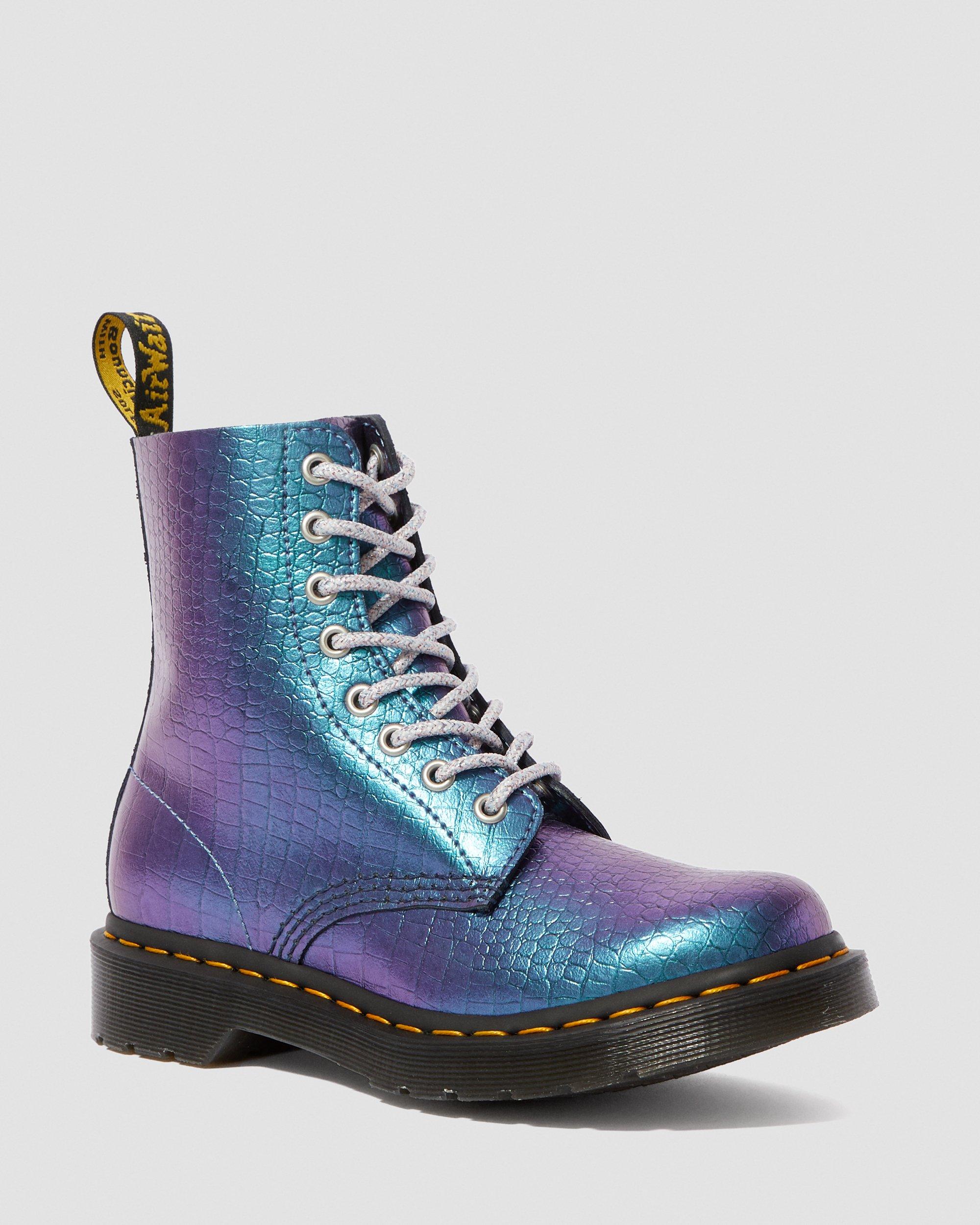 1460 Pascal Metallic Crocodile Leather Boots in BLUE | Dr. Martens™
