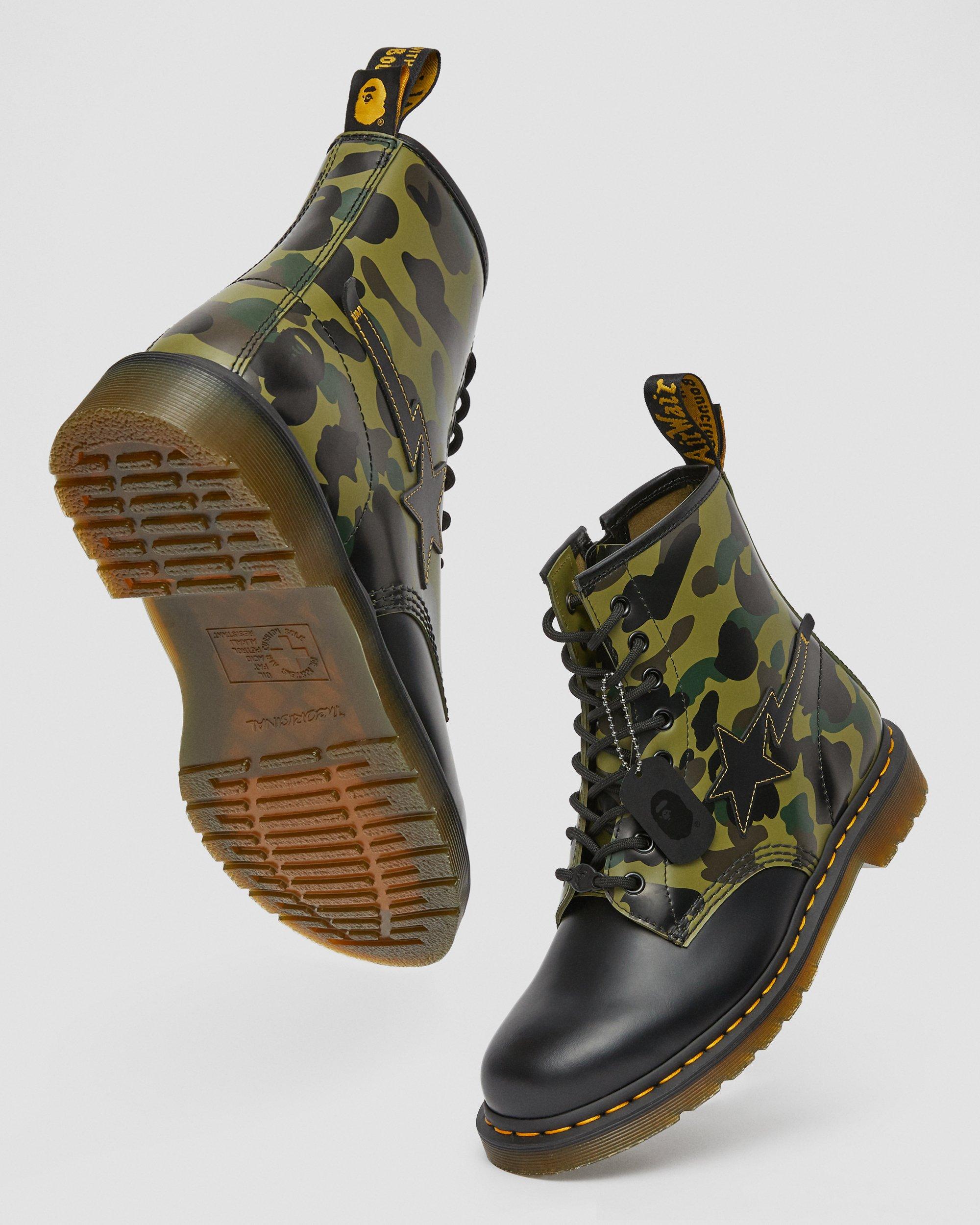 1460 Bape Leather Zip Lace Up Boots in KHAKI+BLACK | Dr. Martens™