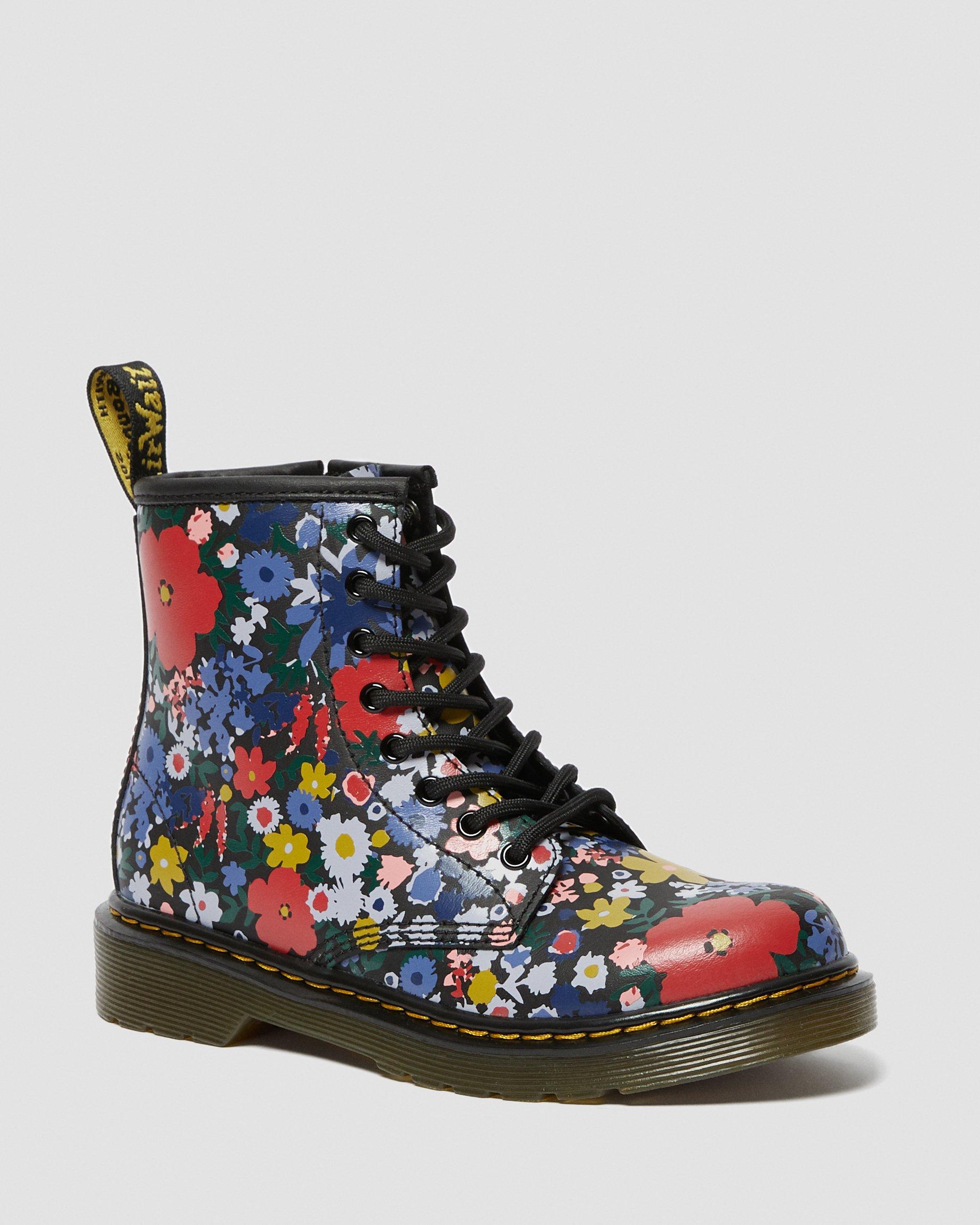Junior 1460 Floral Print Leather Boots in Black | Dr. Martens