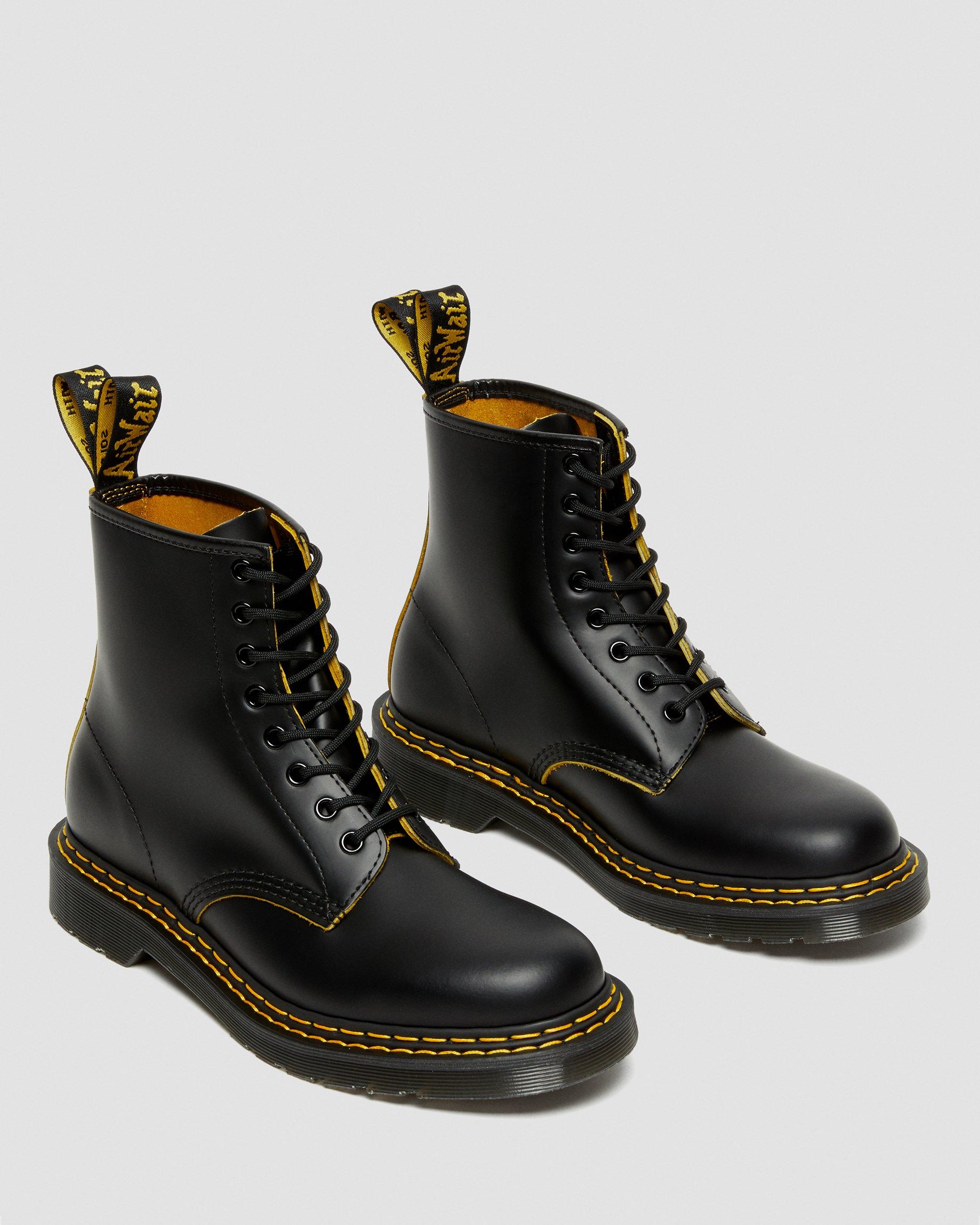 1460 Double Stitch Leather Lace Up Boots in BLACK+YELLOW | Dr