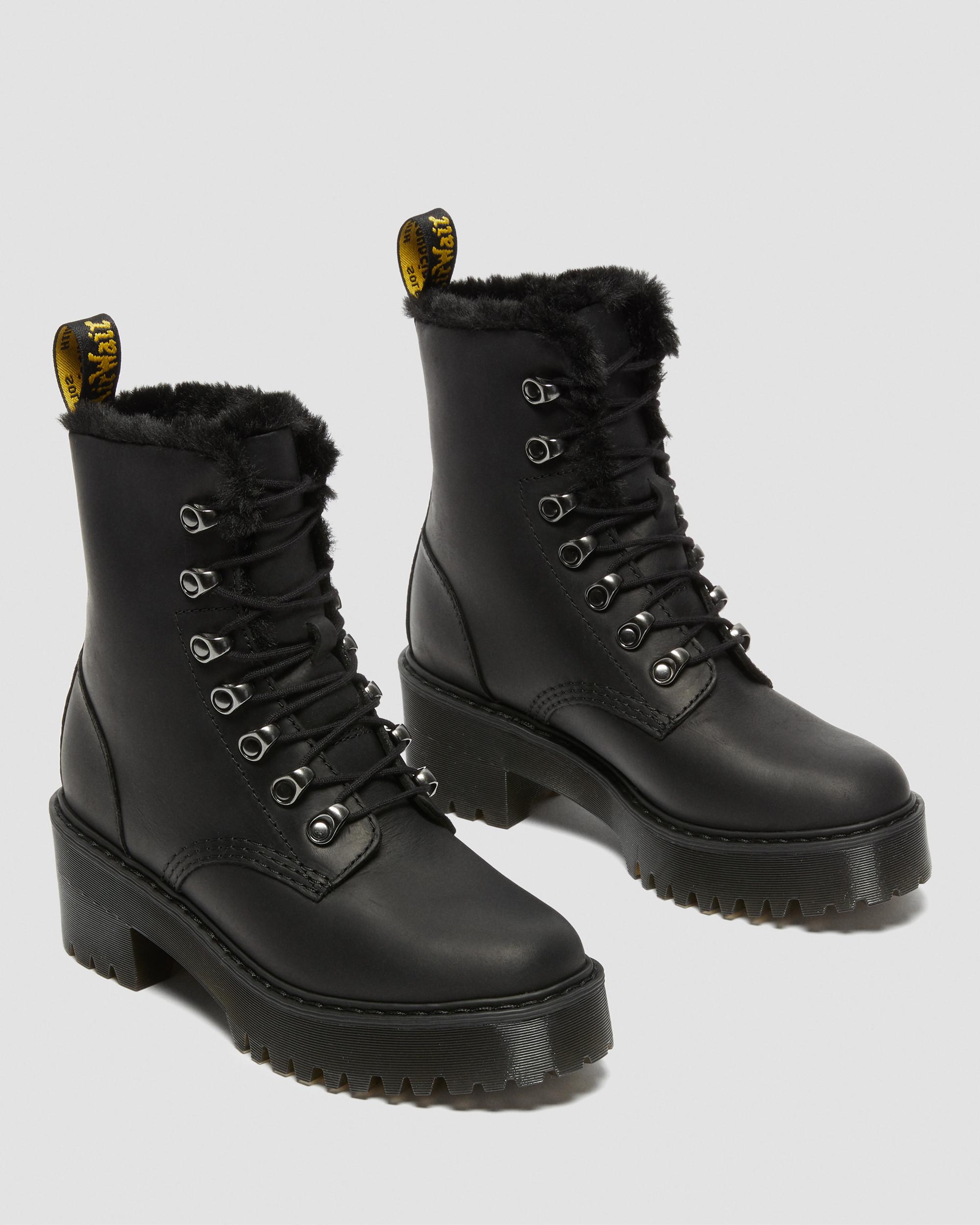Leona Faux Fur Platform Leather Boots in BLACK | Dr. Martens™