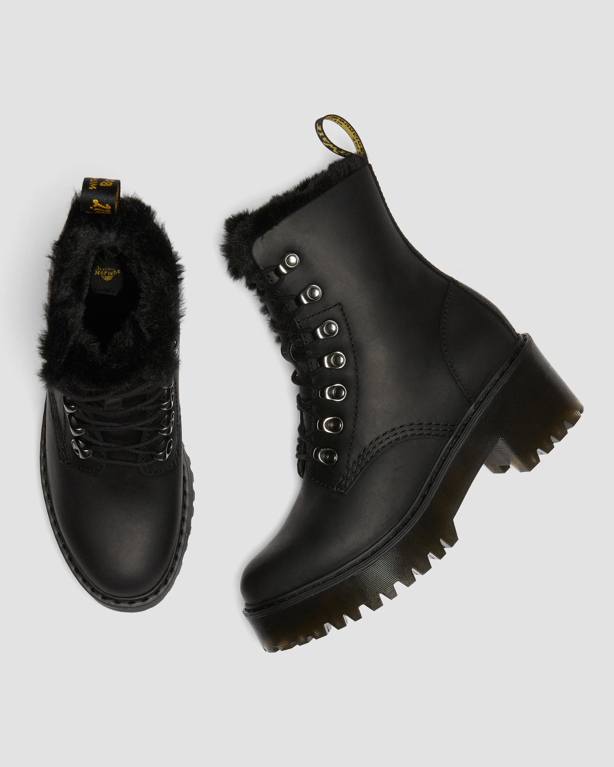 Leona Faux Fur Platform Leather Boots in BLACK | Dr. Martens™