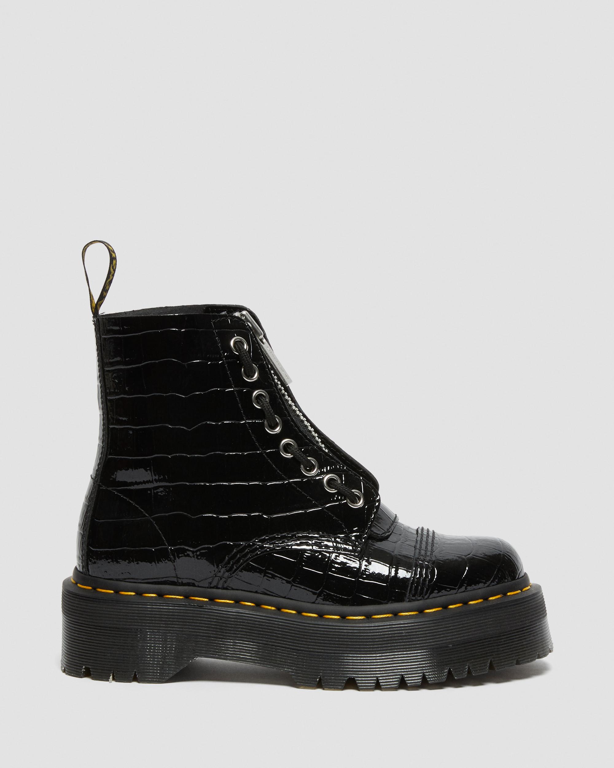 SINCLAIR PATENT CROC EMBOSS PLATFORM BOOTS in BLACK | Dr. Martens™