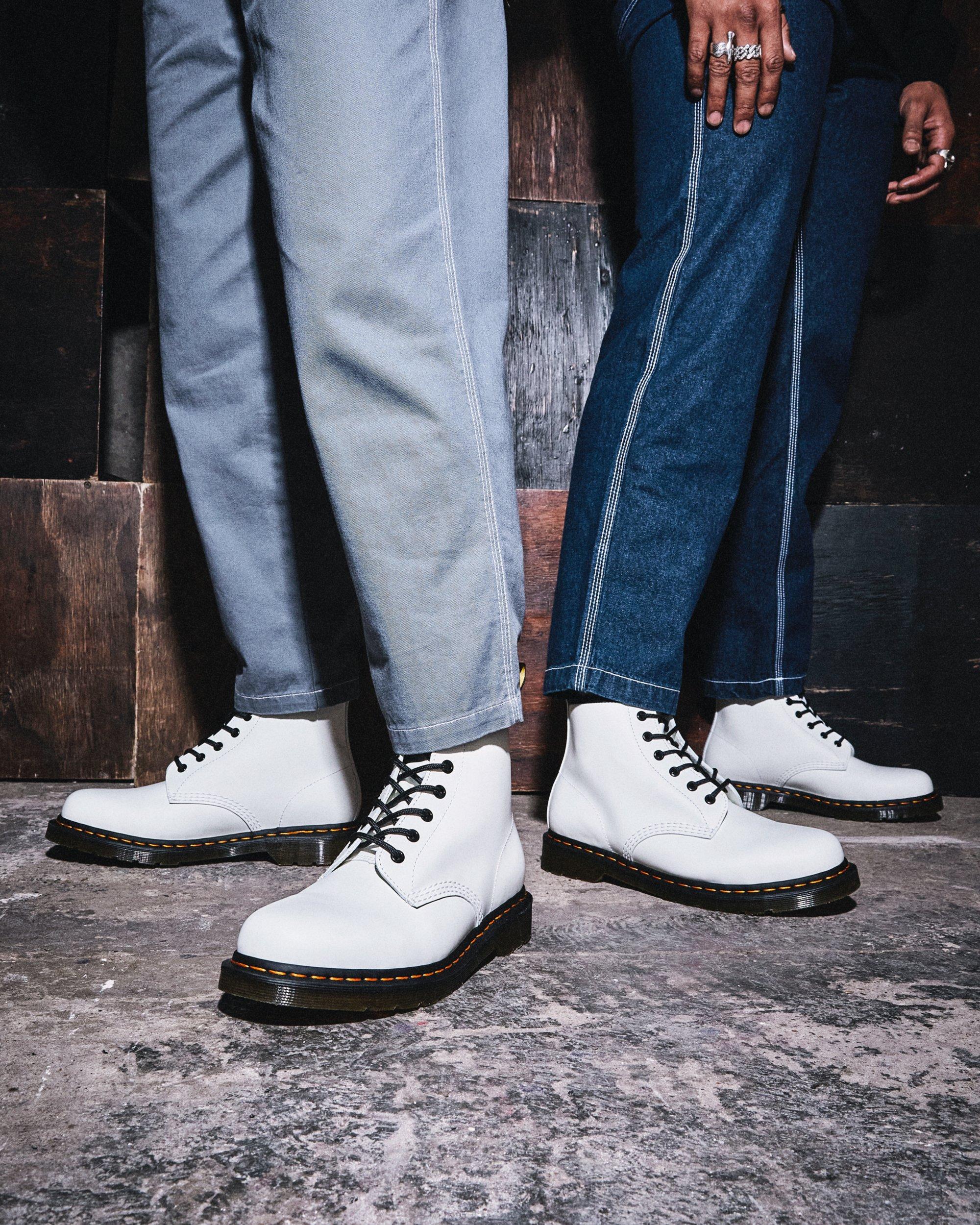 101 Yellow Stitch Smooth Leather Ankle Boots in WHITE | Dr. Martens™