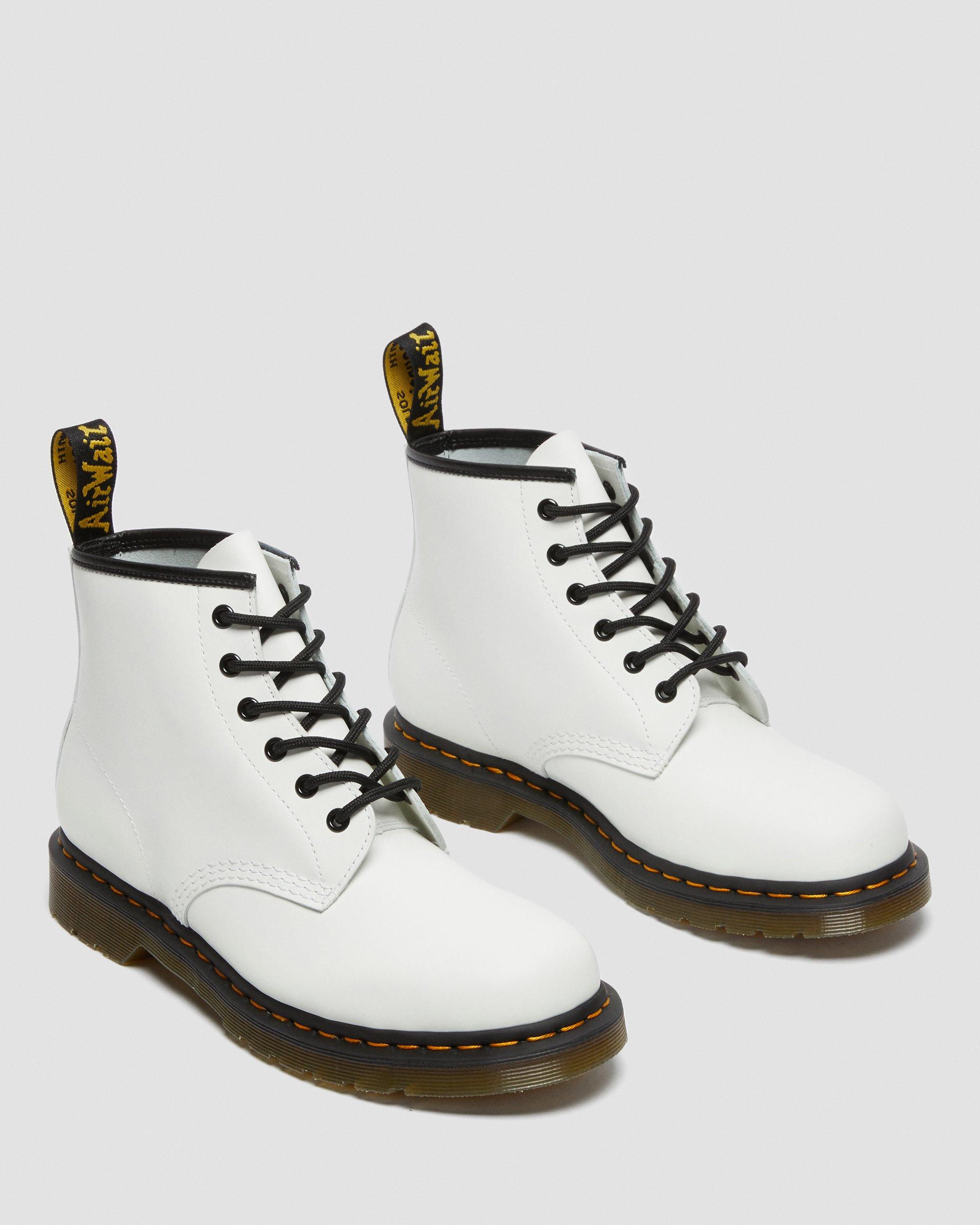 101 Yellow Stitch Smooth Leather Ankle Boots In White | Dr. Martens