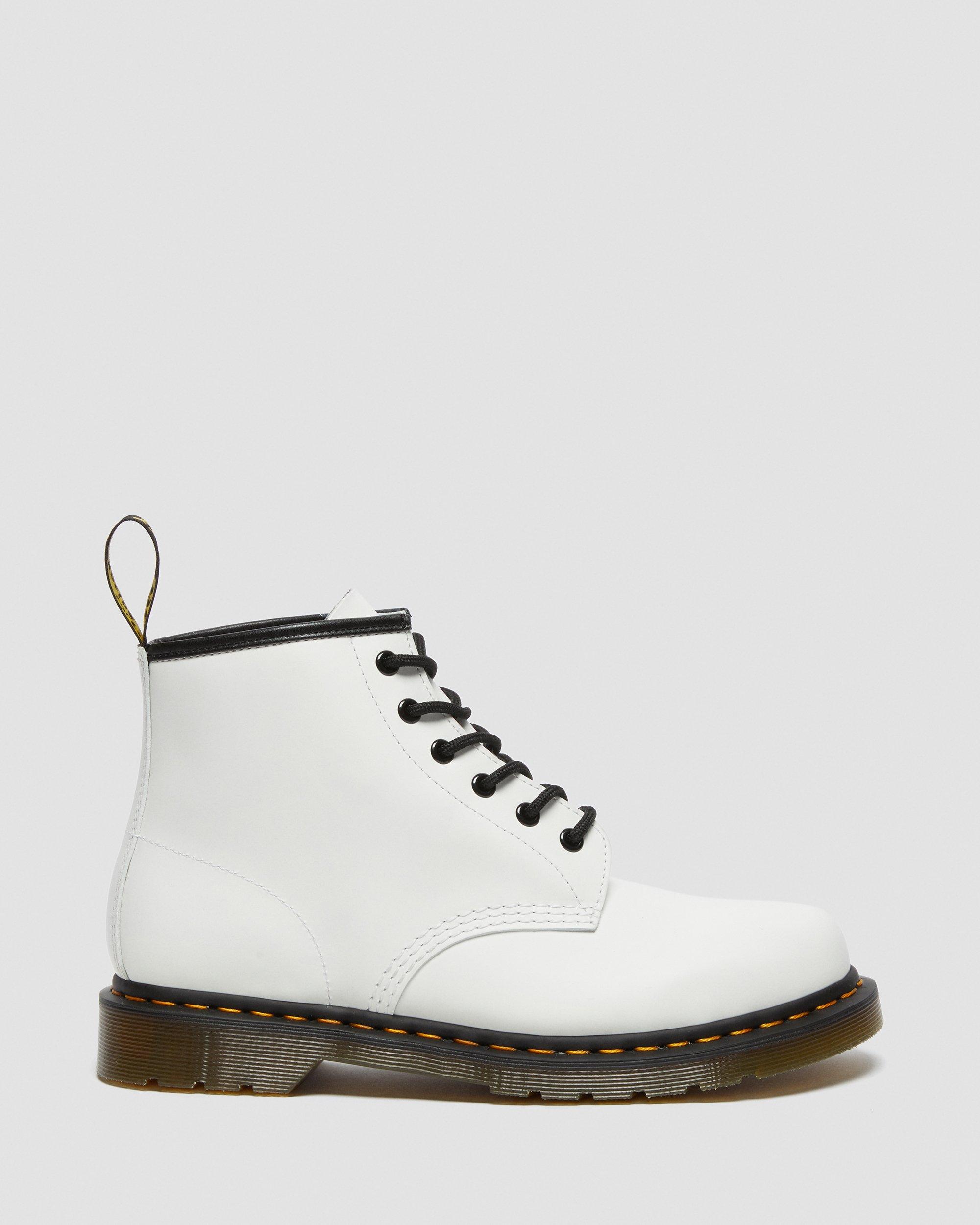 101 Yellow Stitch Smooth Leather Ankle Boots In White | Dr. Martens