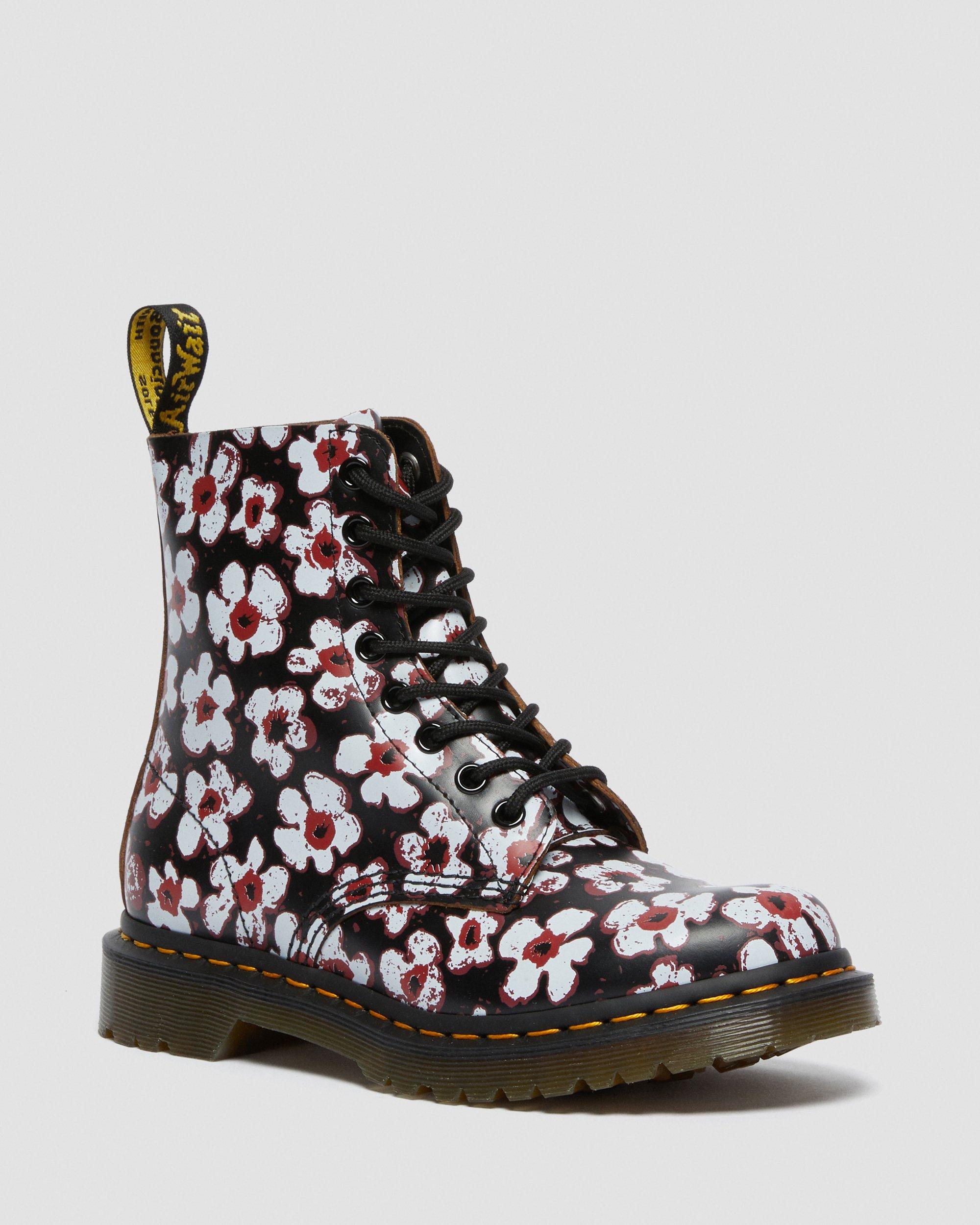 1460 Pascal Floral Leather Lace Up Boots in BLACK+RED | Dr. Martens™