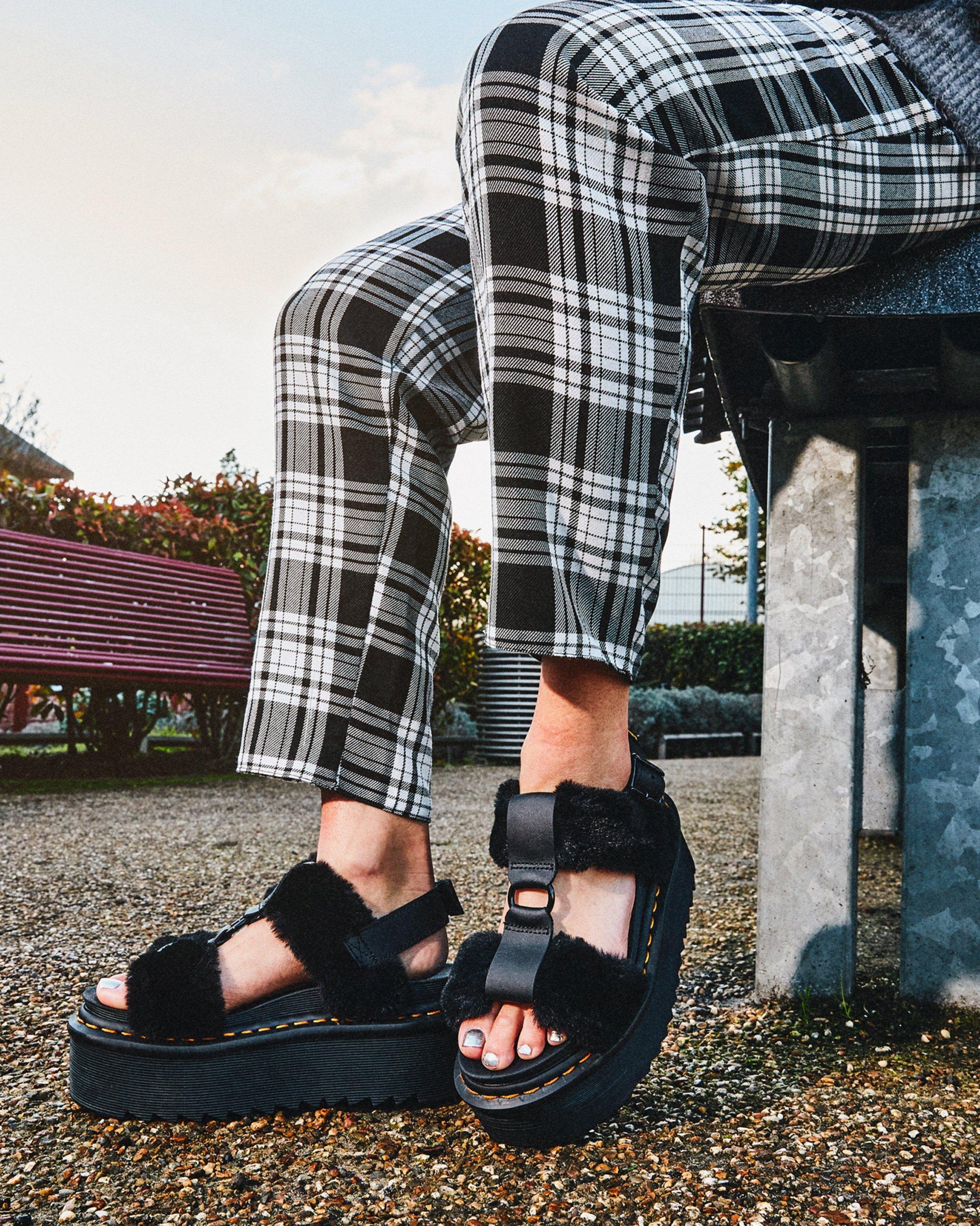 Francis Fluffy Faux Fur Leather Strap Sandals in BLACK | Dr. Martens™