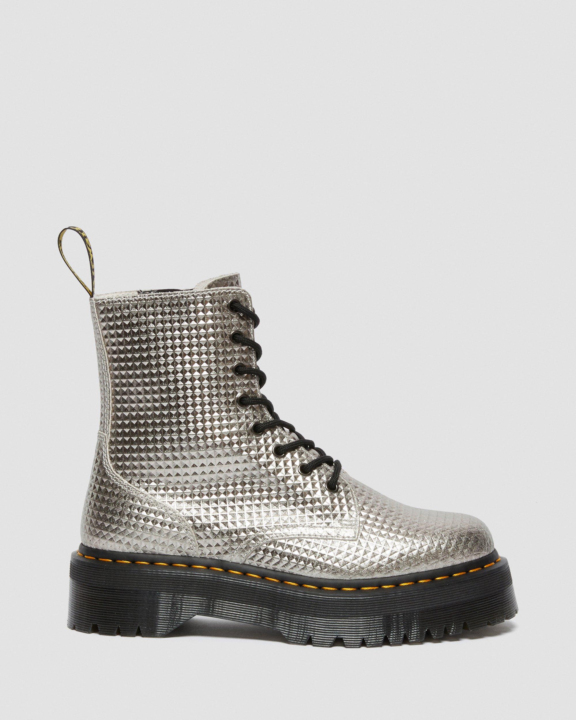 Jadon Stud Emboss Leather Platform Boots in Silver Martens