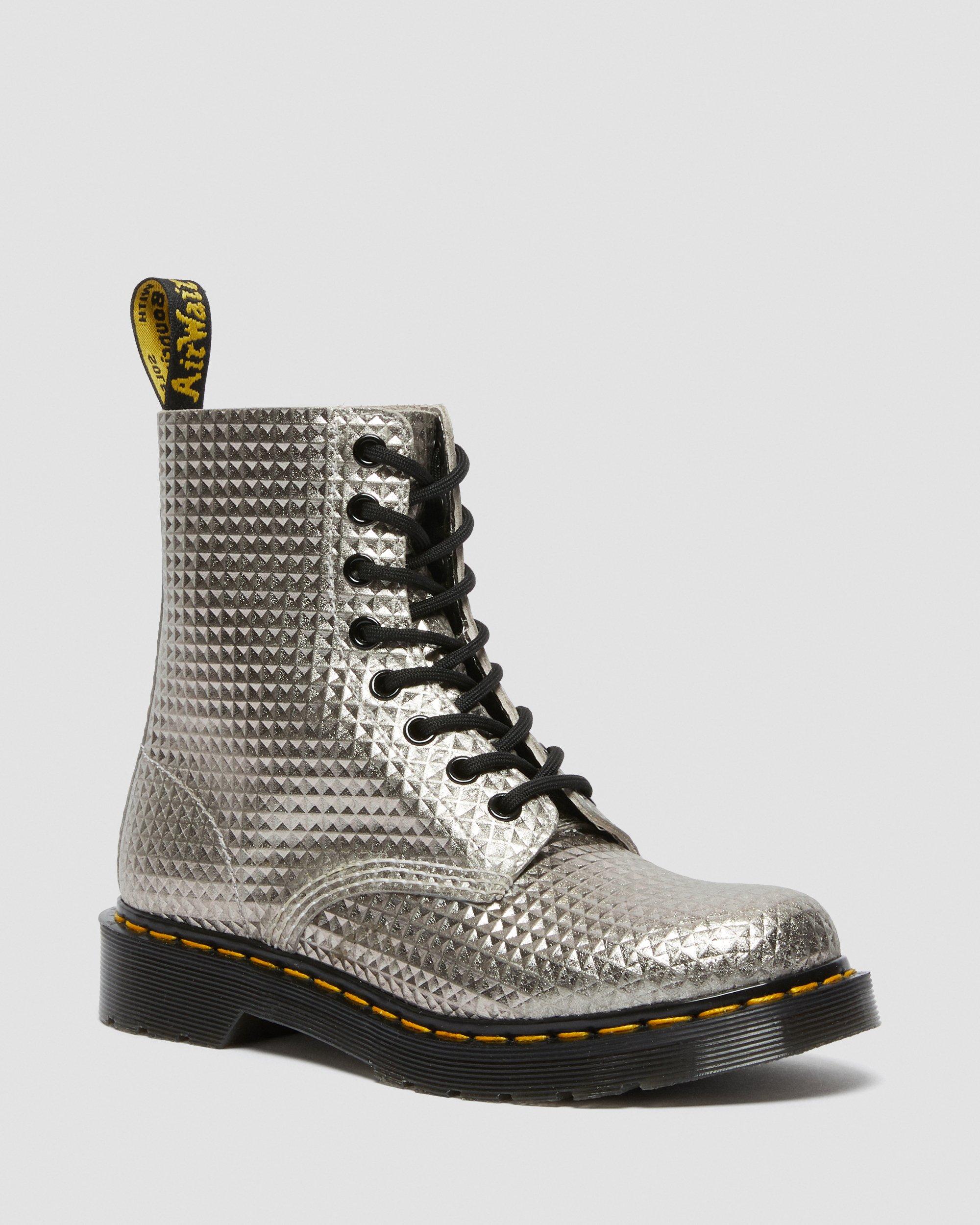1460 Pascal Stud Emboss Leather Lace Up Boots in SILVER | Dr. Martens™