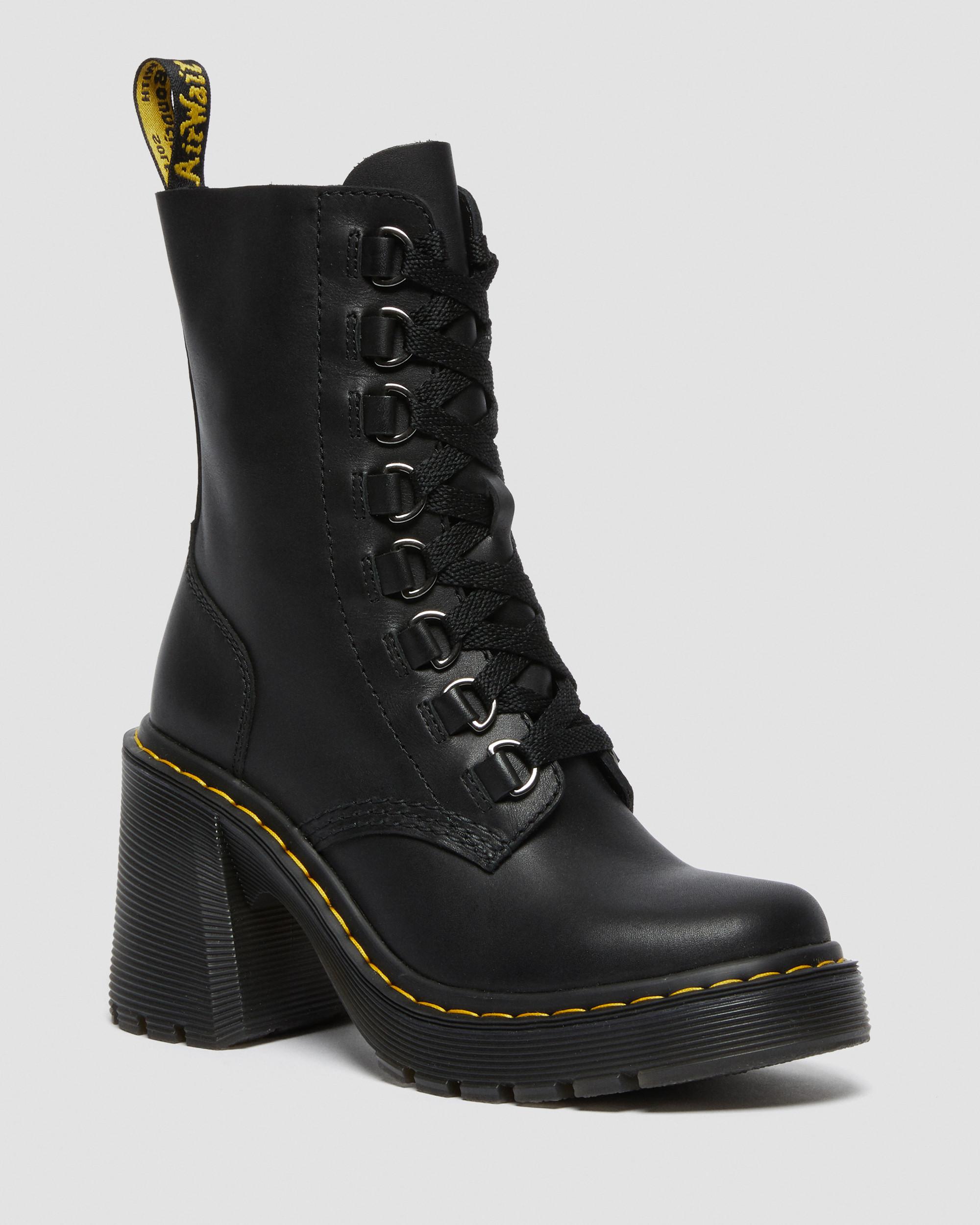 Chesney Leather Flared Heel Lace Up Boots in Black | Dr. Martens