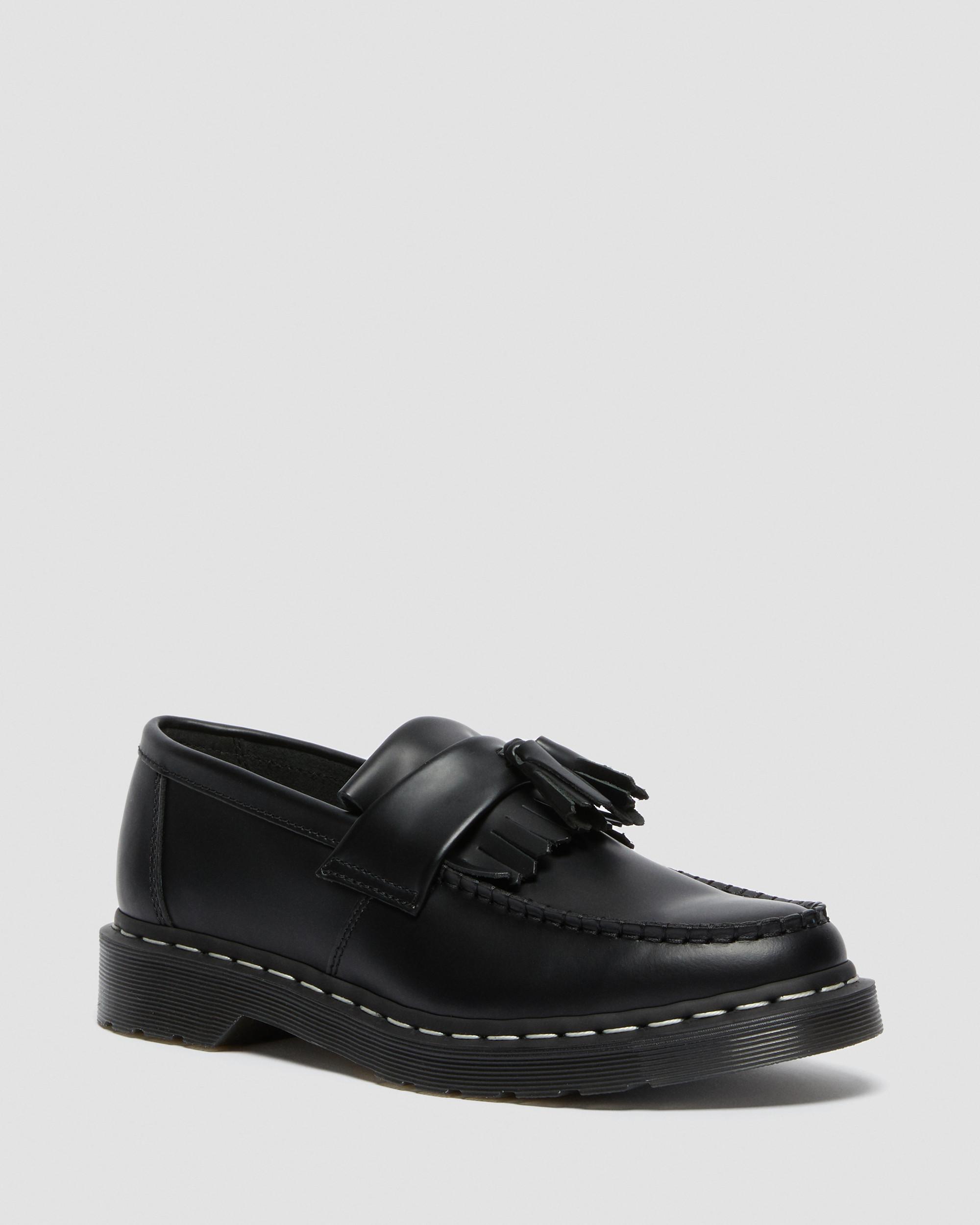 Adrian White Stitch Smooth Leather Loafers in Black