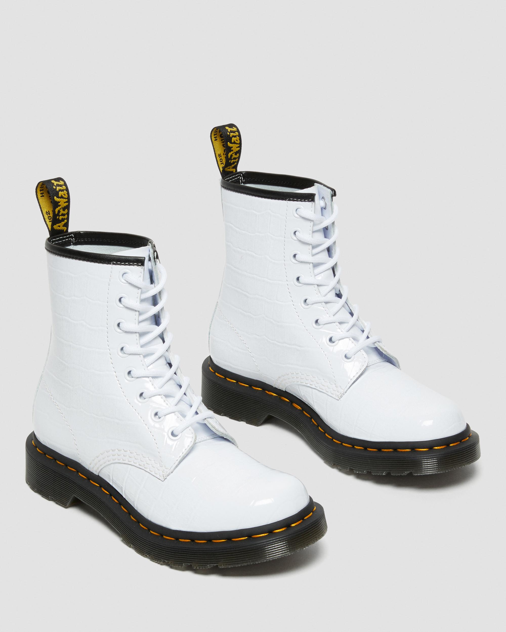 1460 Women's Patent Croc Emboss Leather Boots in White | Dr. Martens