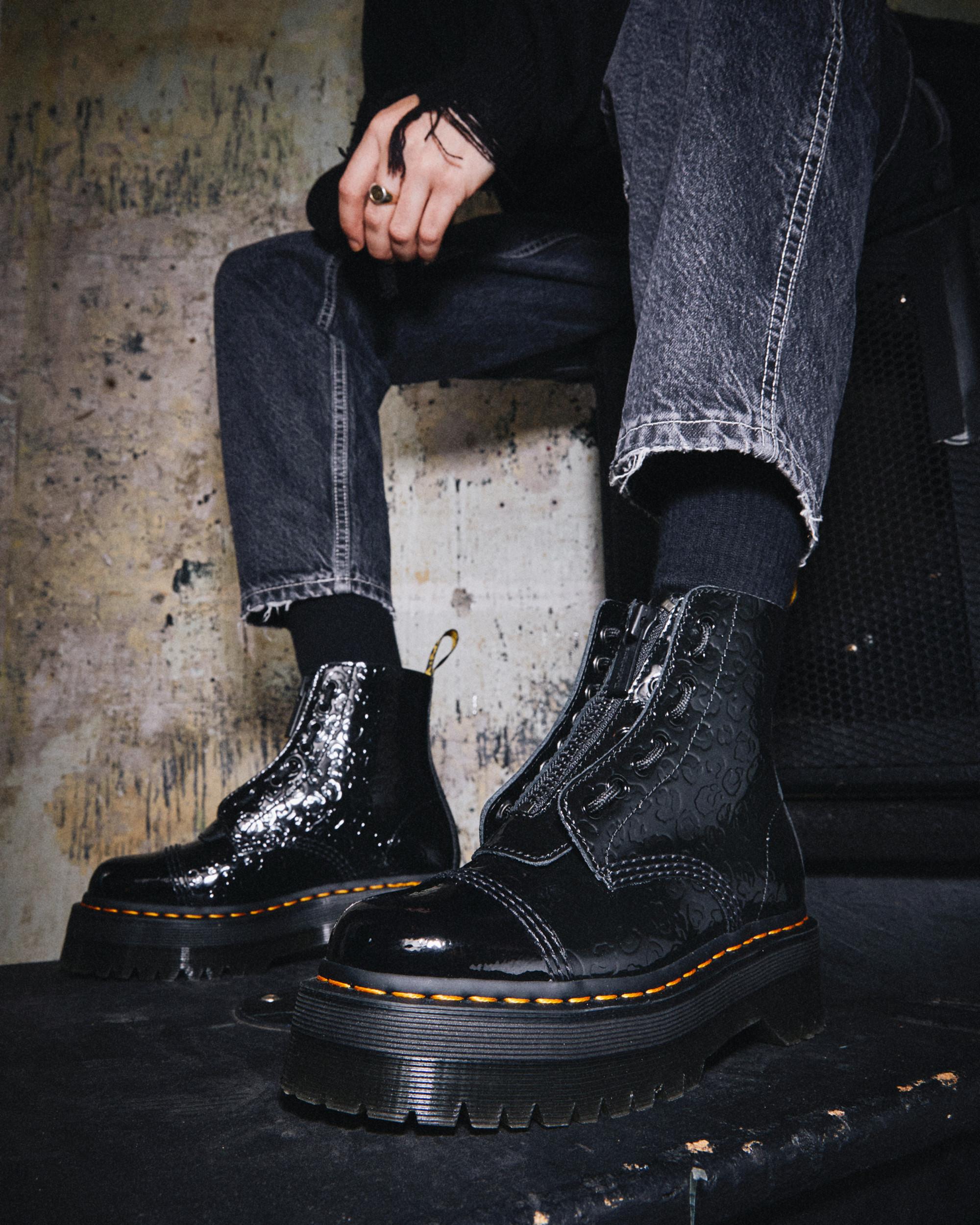 Sinclair Leopard Emboss Patent Leather Platform Boots in Black | Dr ...