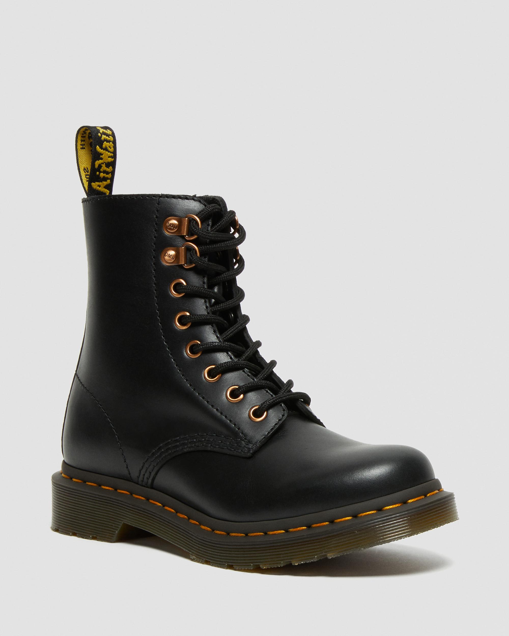 1460 Pascal Rose Gold Hardware Leather Lace Up Boots in BLACK | Dr