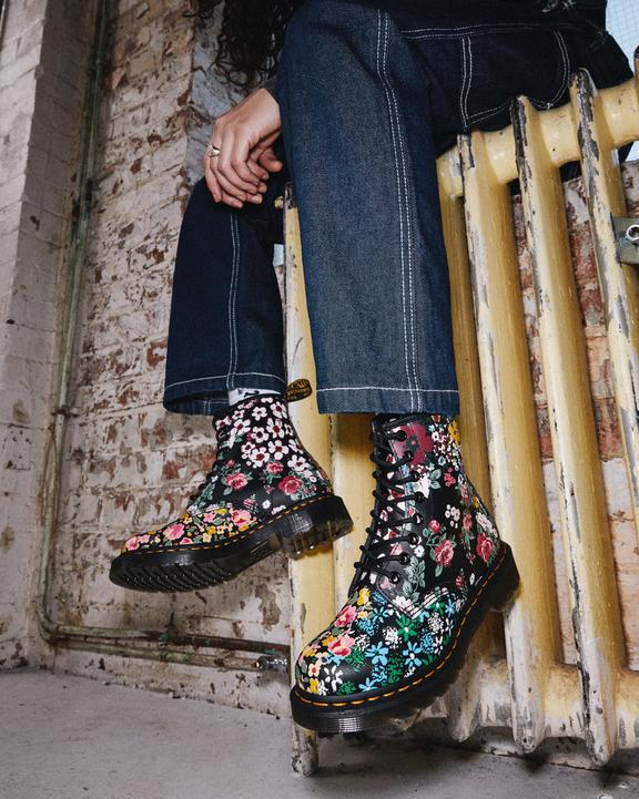 1460 Pascal Floral Mash Up Leather Lace Up Boots in White | Dr. Martens