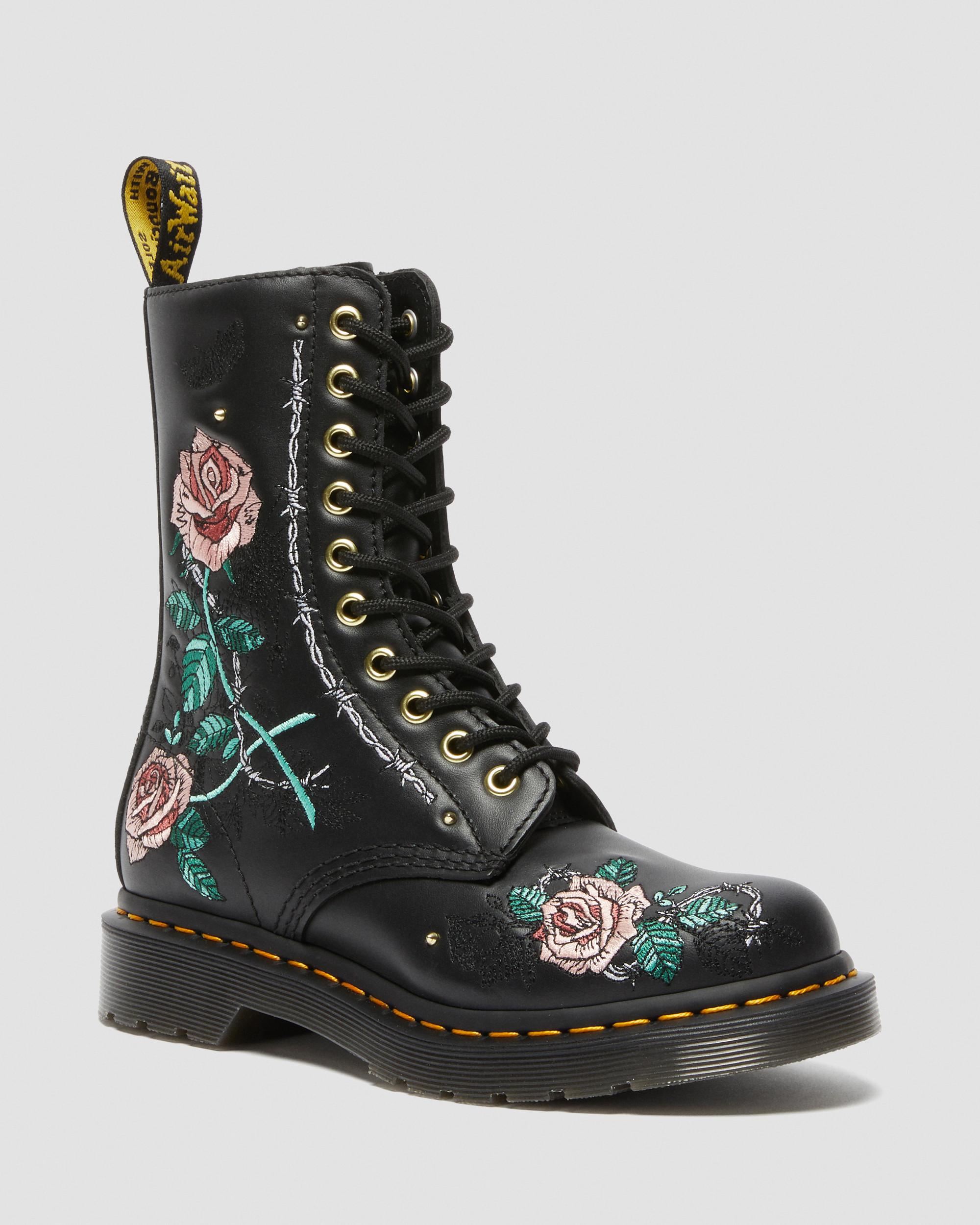 1490 Vonda Floral Leather Mid Calf Boots in Black | Dr. Martens
