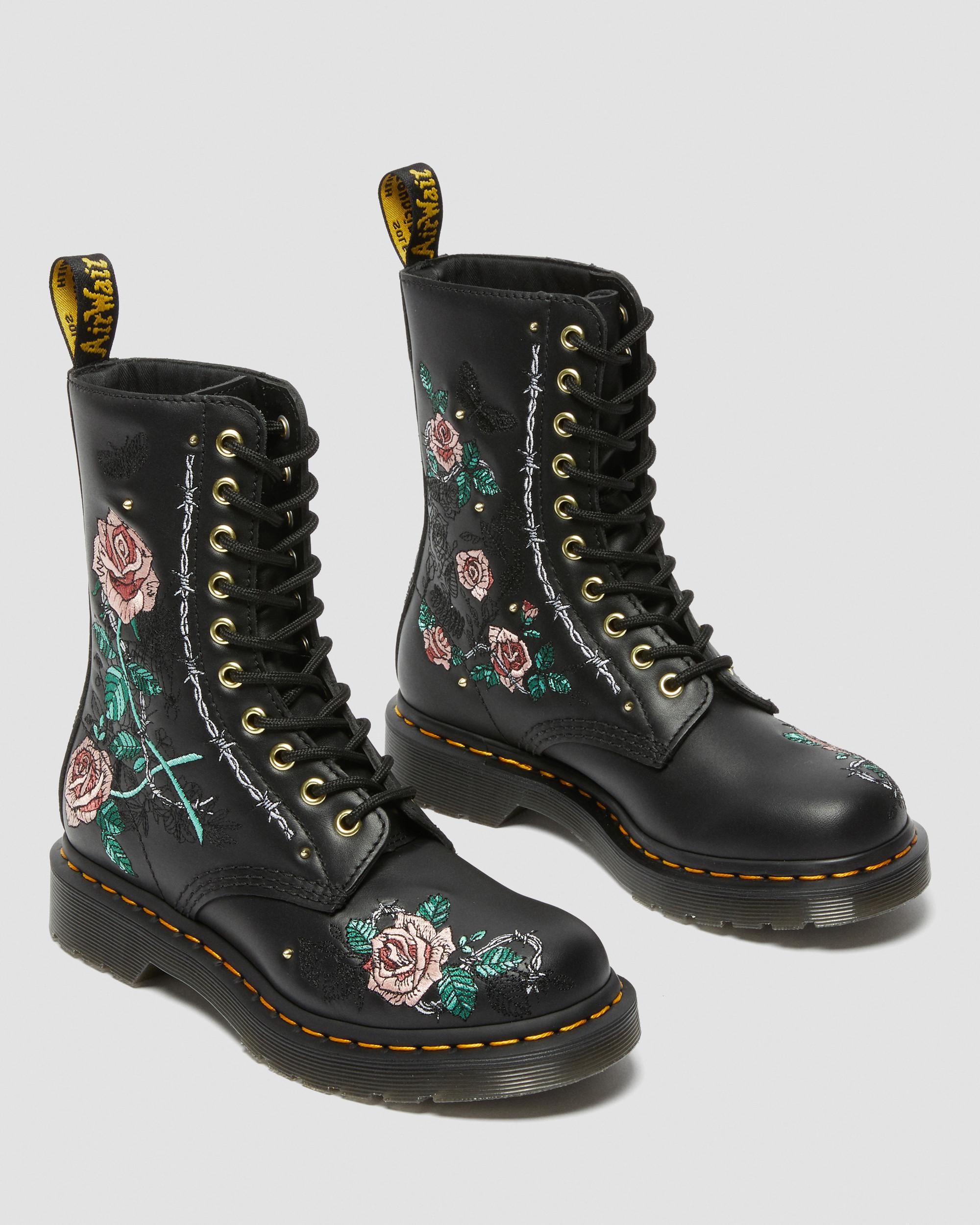1490 Vonda Floral Leather Mid Calf Boots in BLACK | Dr. Martens™
