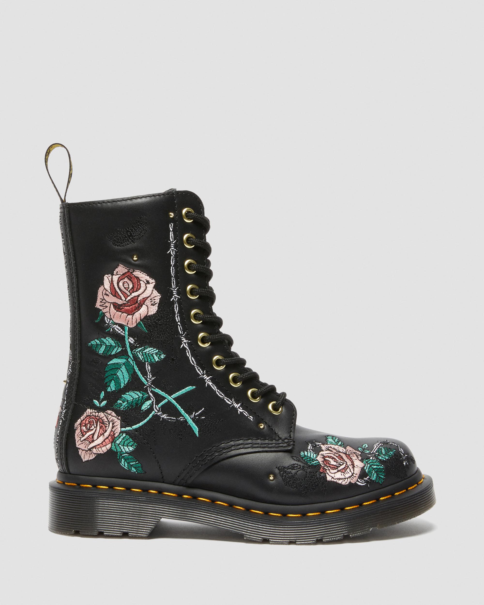 1490 Vonda Floral Leather Mid Calf Boots in Black | Dr. Martens