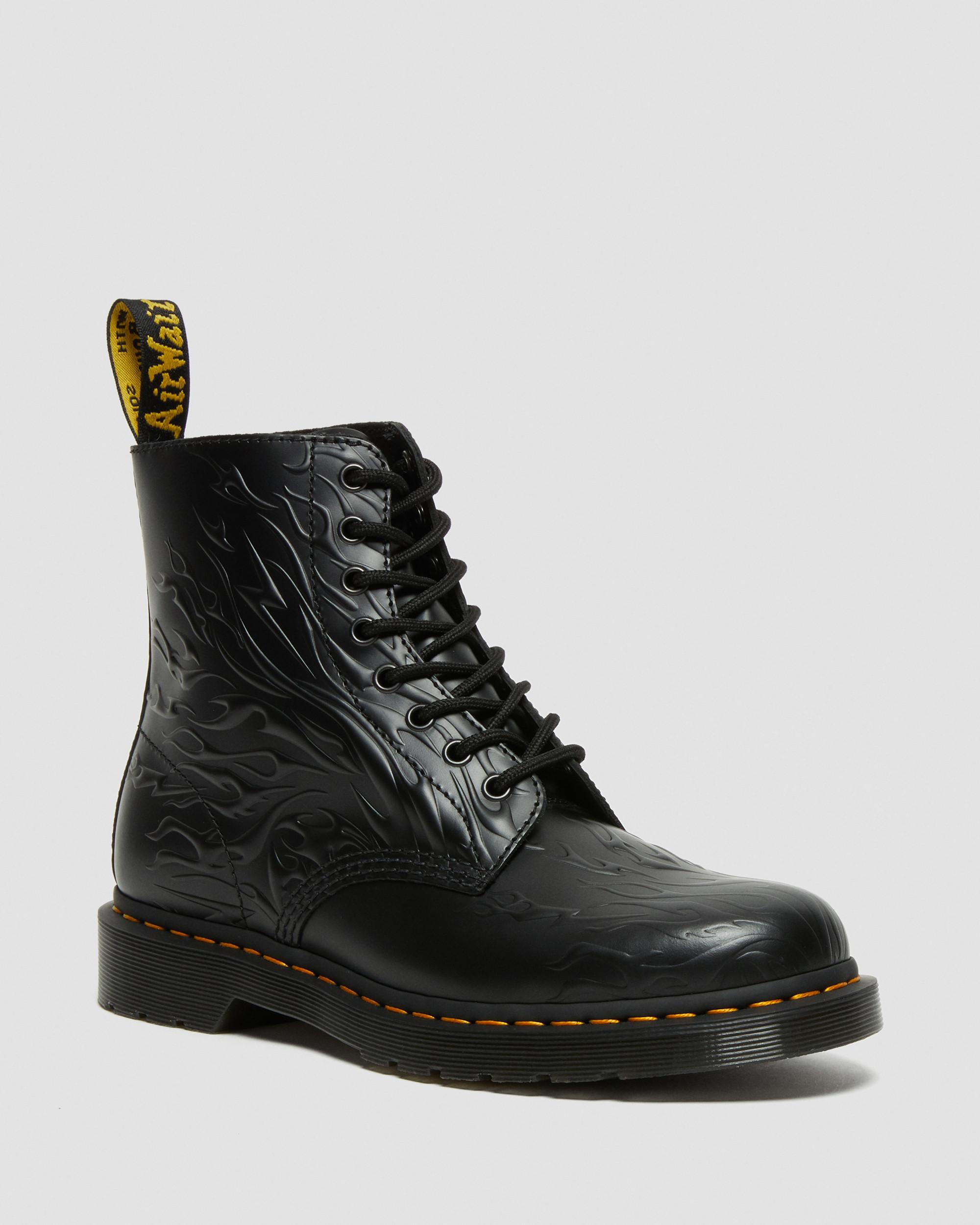 1460 Flames Emboss Leather Lace Up Boots in BLACK | Dr. Martens™