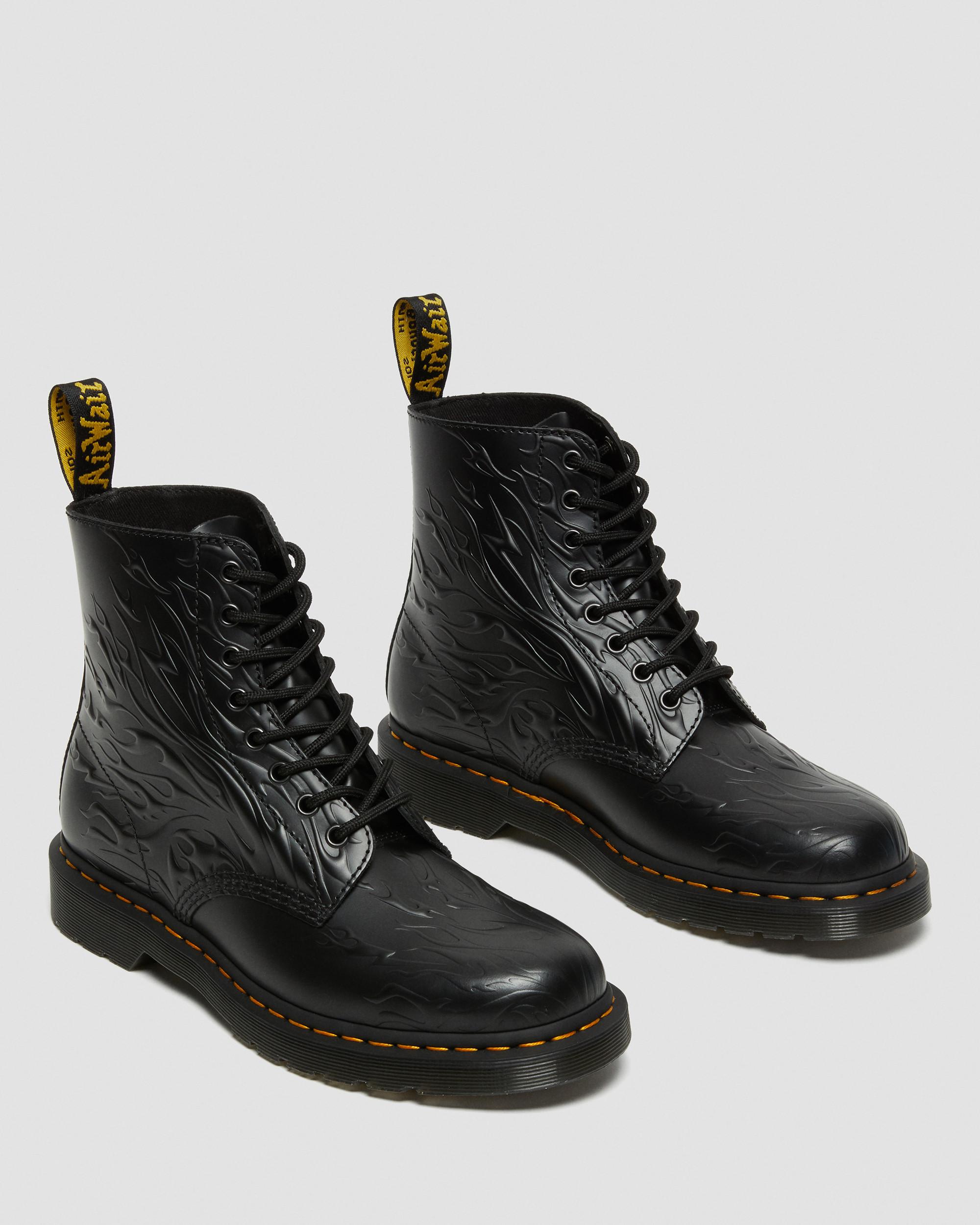1460 Flames Emboss Leather Lace Up Boots in Black | Dr. Martens