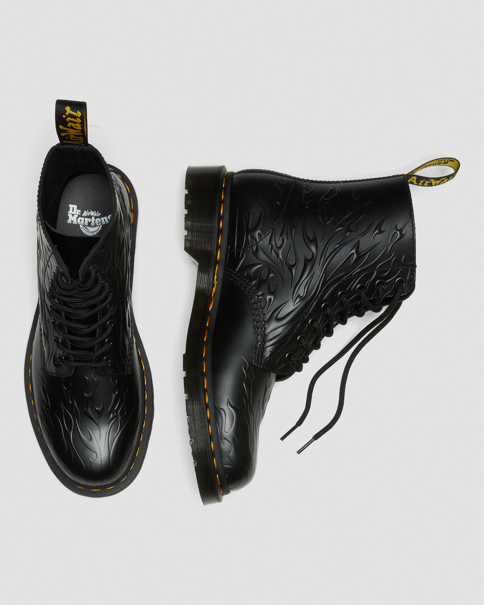 1460 Flames Emboss Leather Lace Up Boots in BLACK | Dr. Martens™