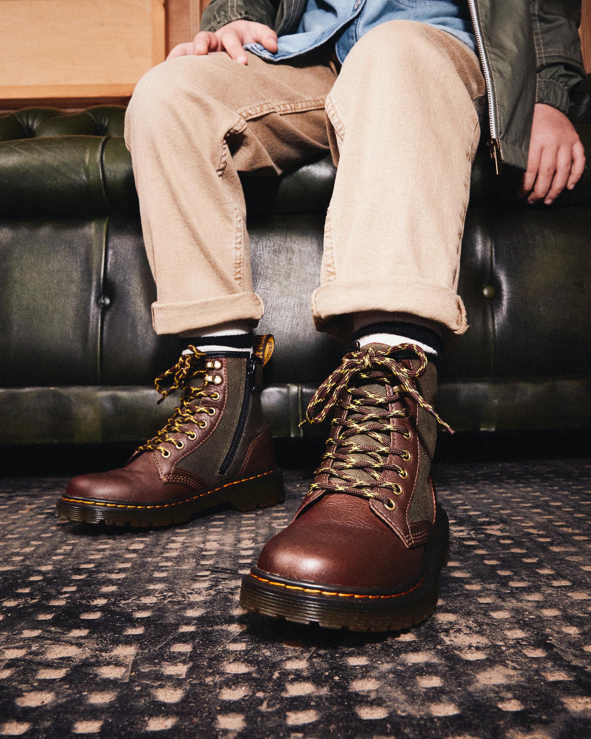 Junior 1460 Panel Canvas & Leather Boots in Brown | Dr. Martens